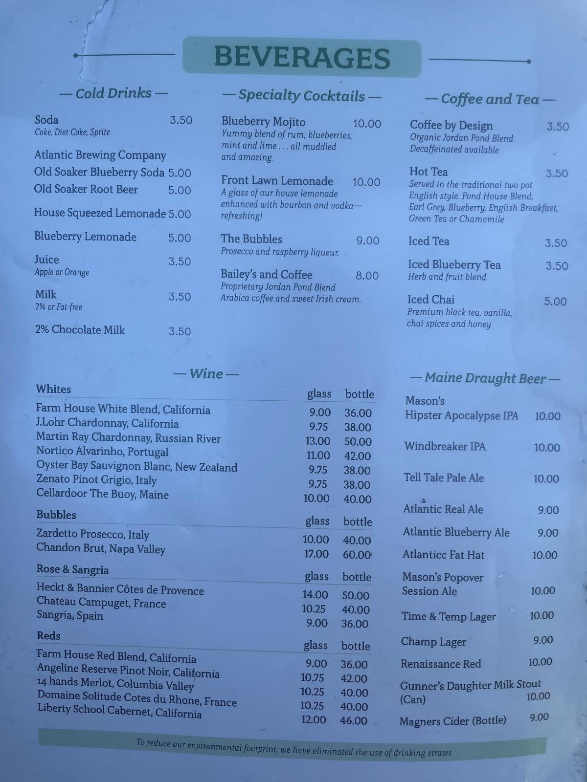 Menu at Jordan Pond House Restaurant, Mount Desert, Park Loop Rd