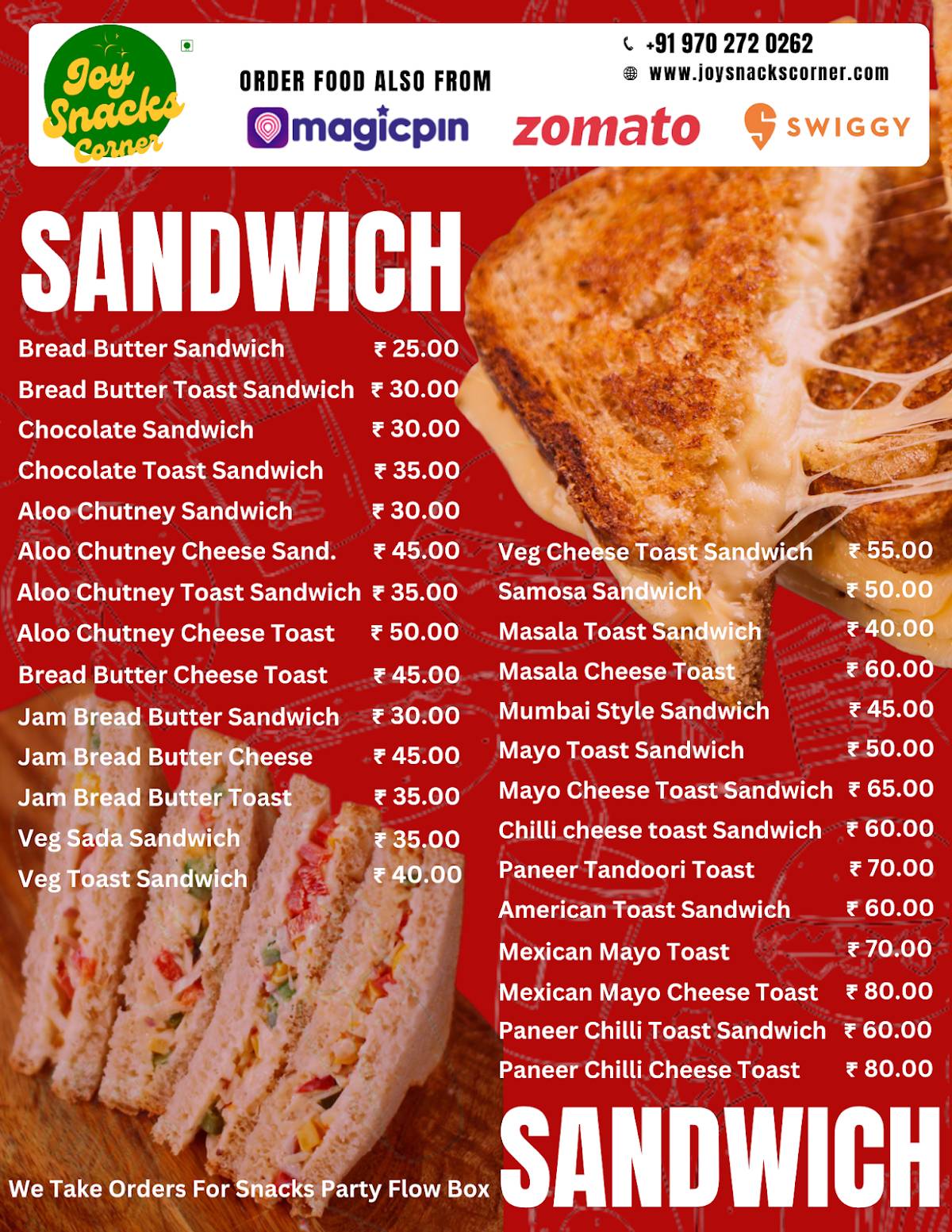 Joy Snacks Corner menu