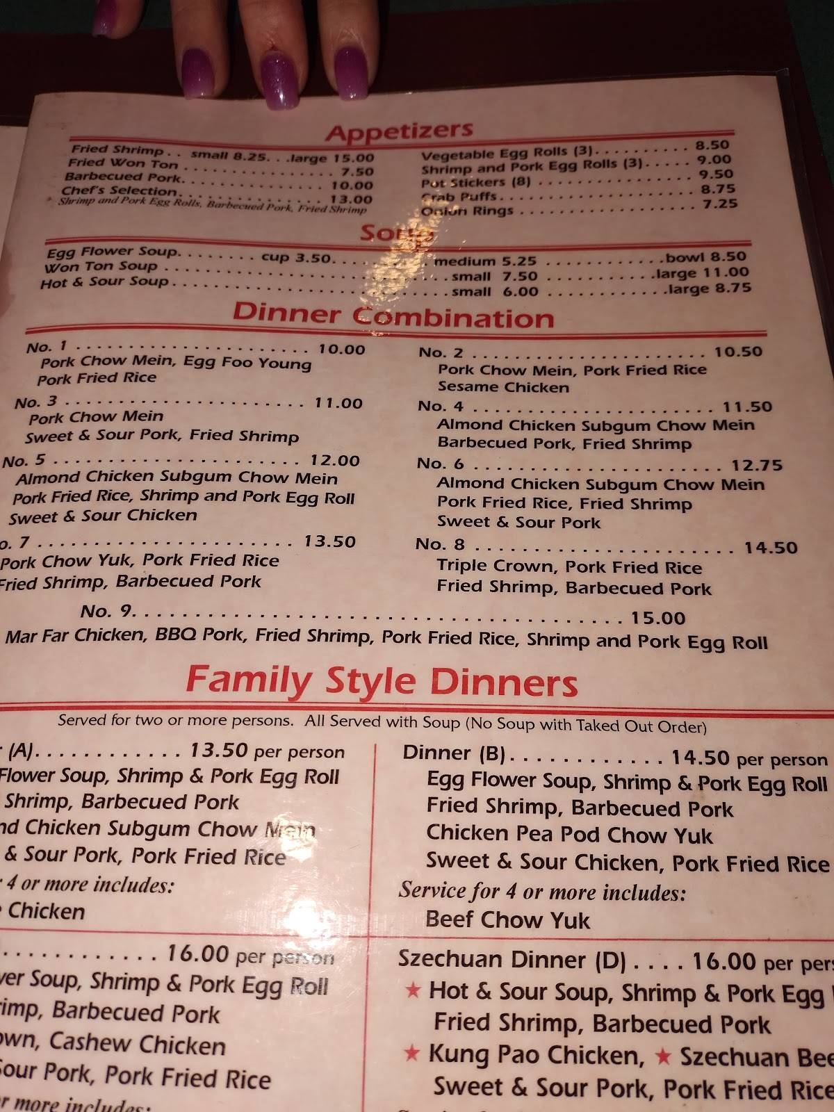 Menu at Tin Sing restaurant, Junction City