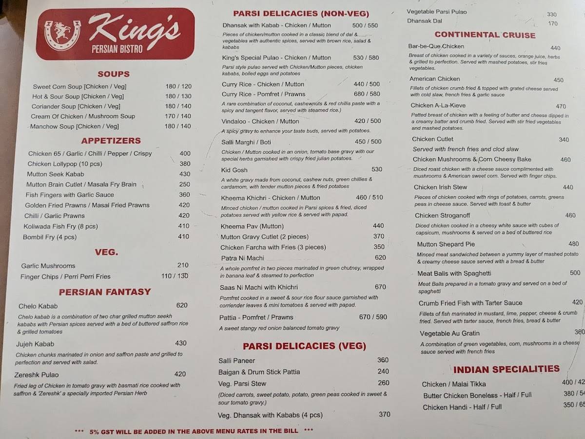 KINGS PERSIAN BISTRO menu