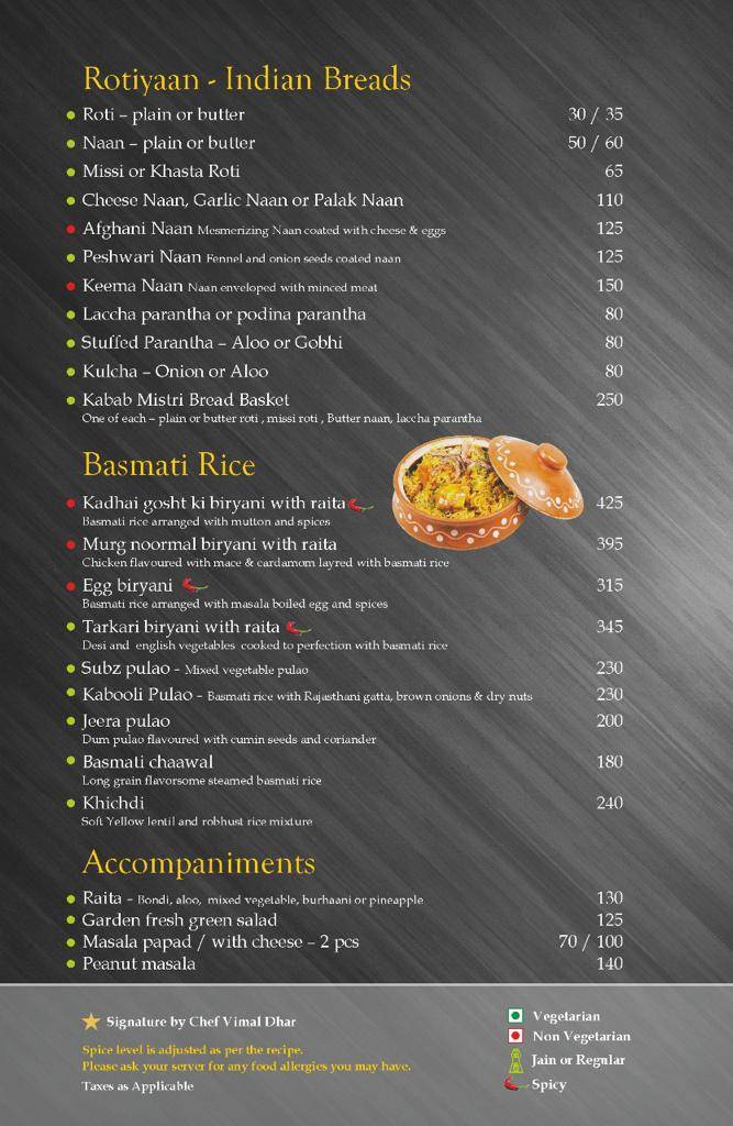 Kabab Mistri menu