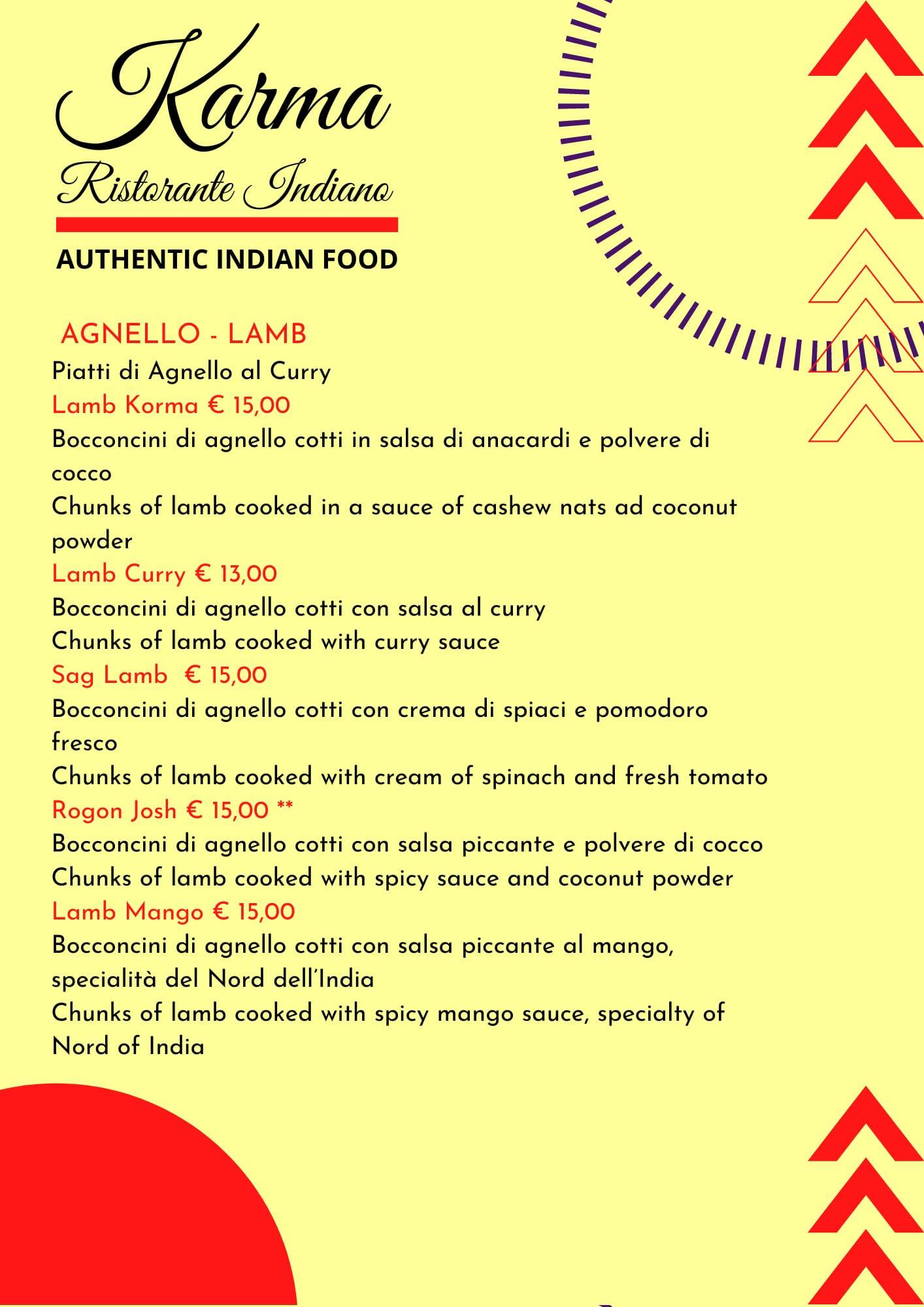 Menu di Karma Ristorante Indiano 