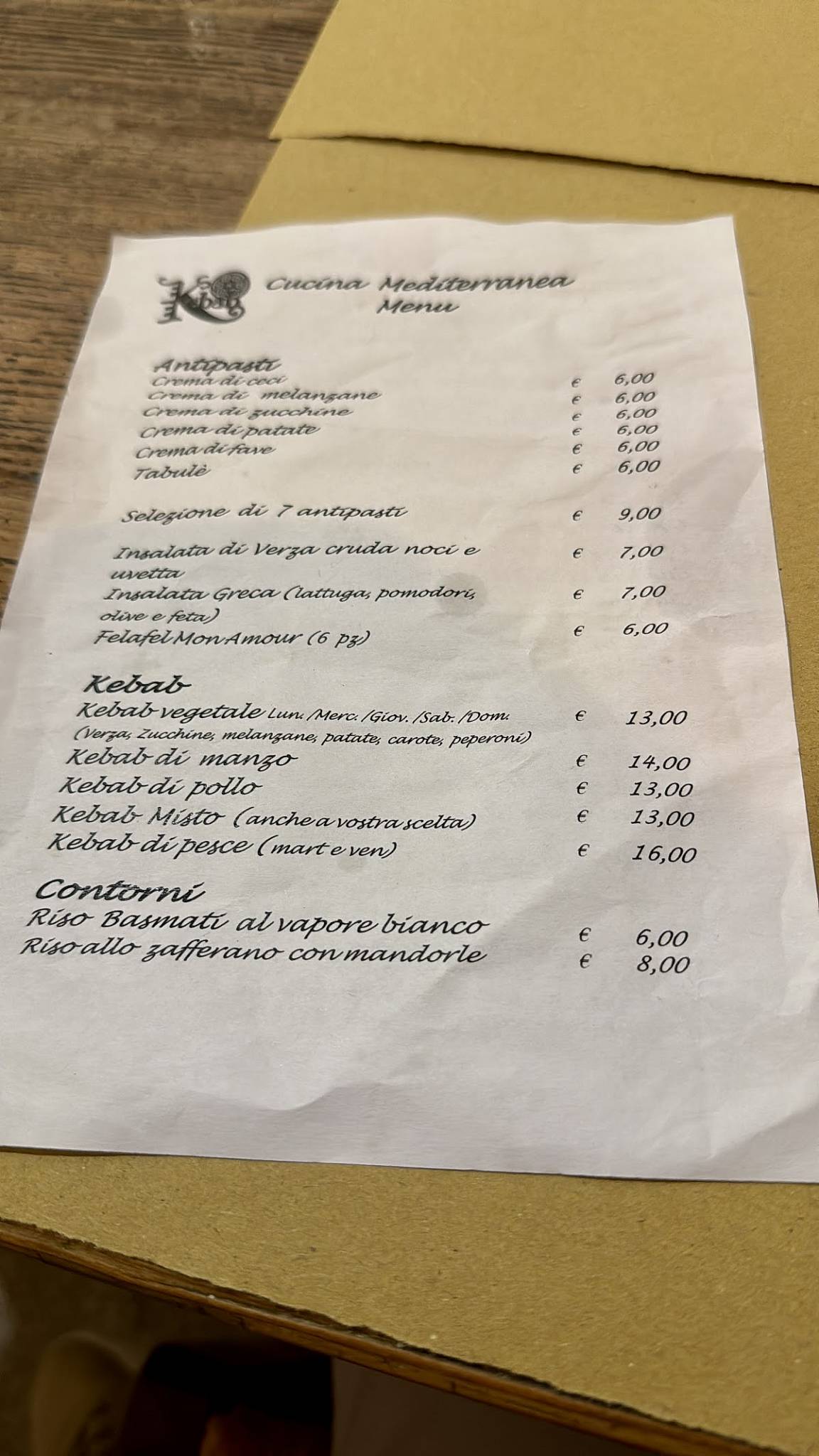 Menu de Kebab