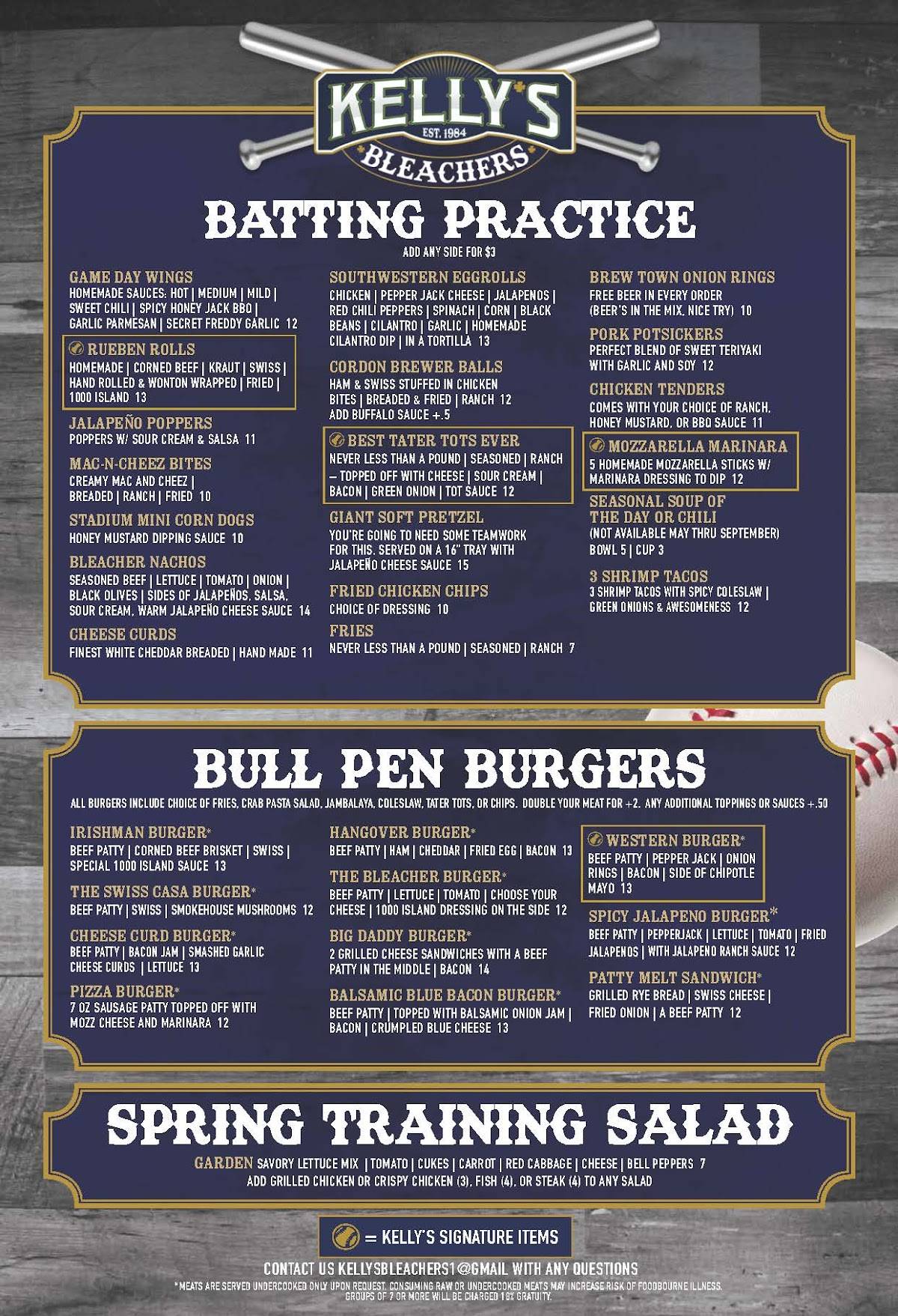 Menu at Kelly's Bleachers pub & bar, Milwaukee, W Bluemound Rd