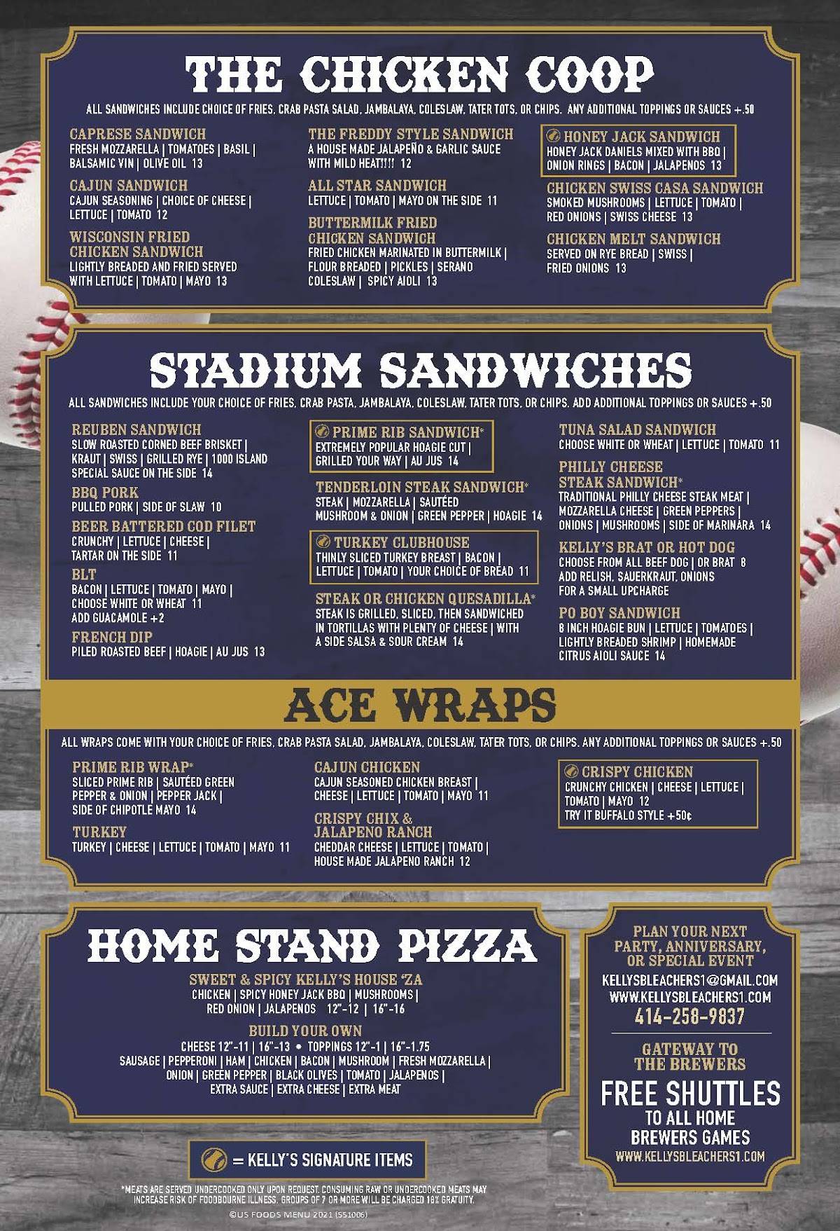 Menu at Kelly's Bleachers pub & bar, Milwaukee, W Bluemound Rd