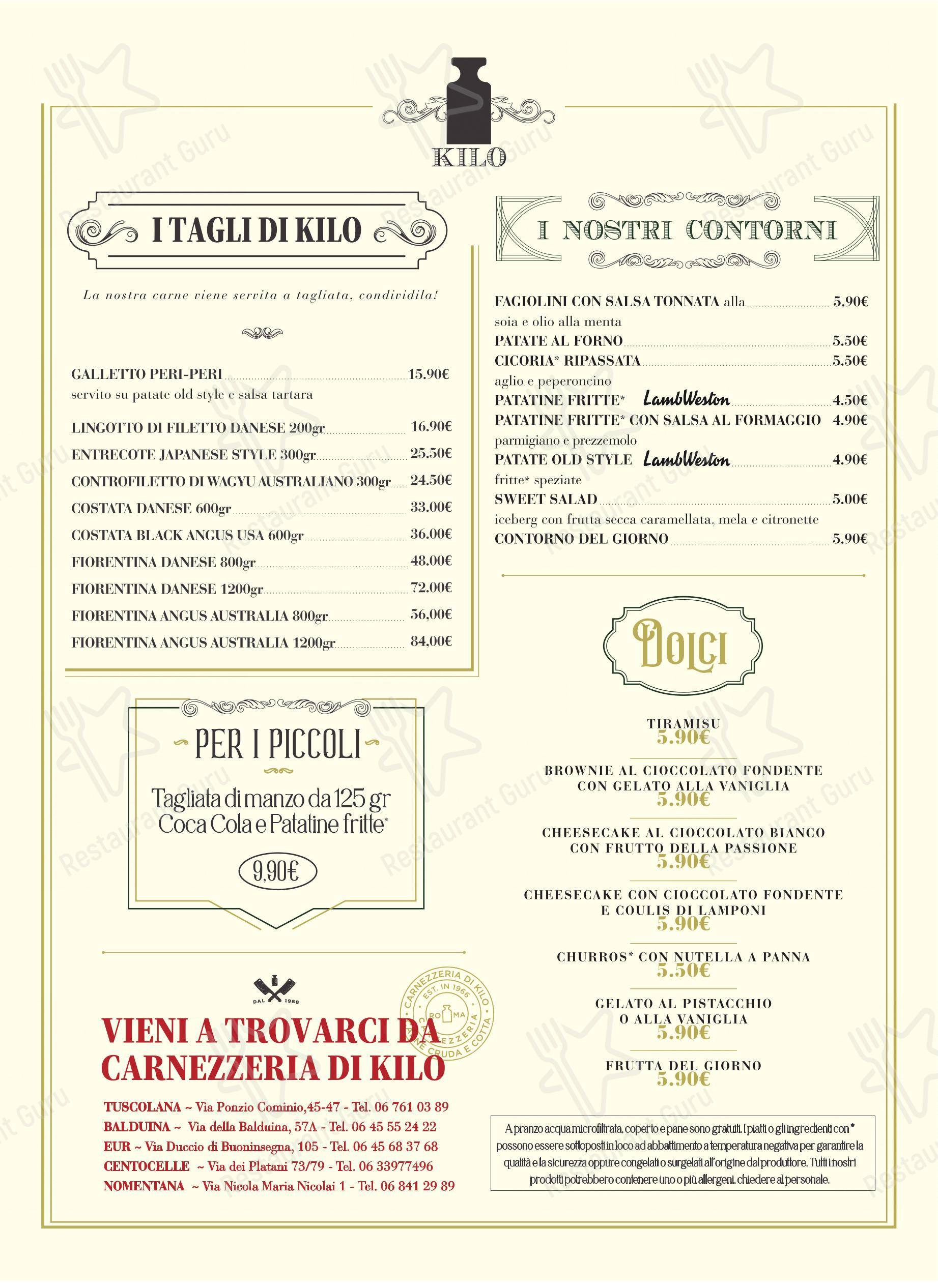 Menu bar pour Kilo Restaurant restaurant à viande