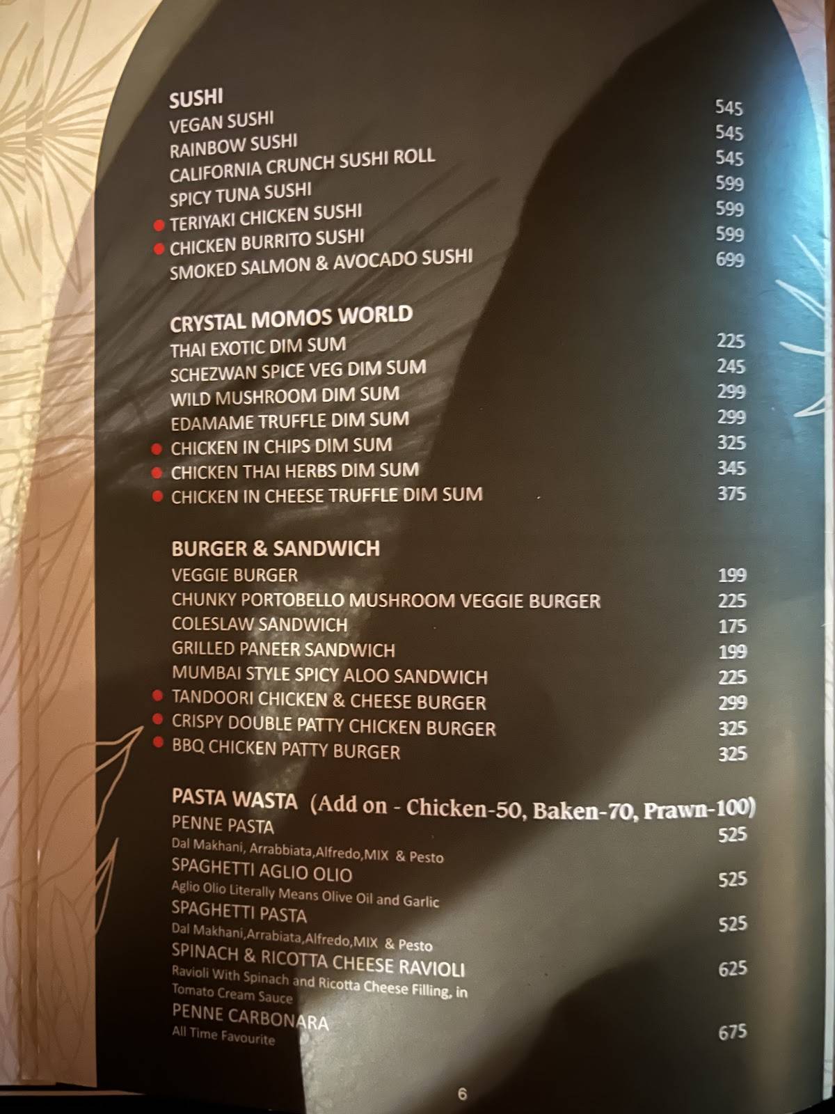 Kings Club menu