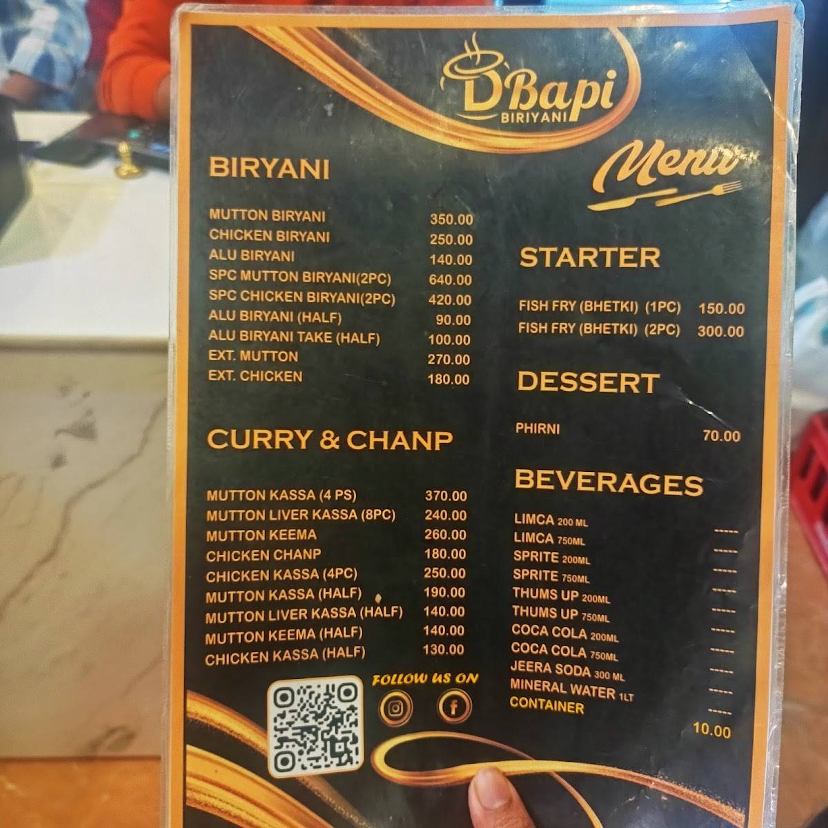 D BAPI BIRIYANI menu