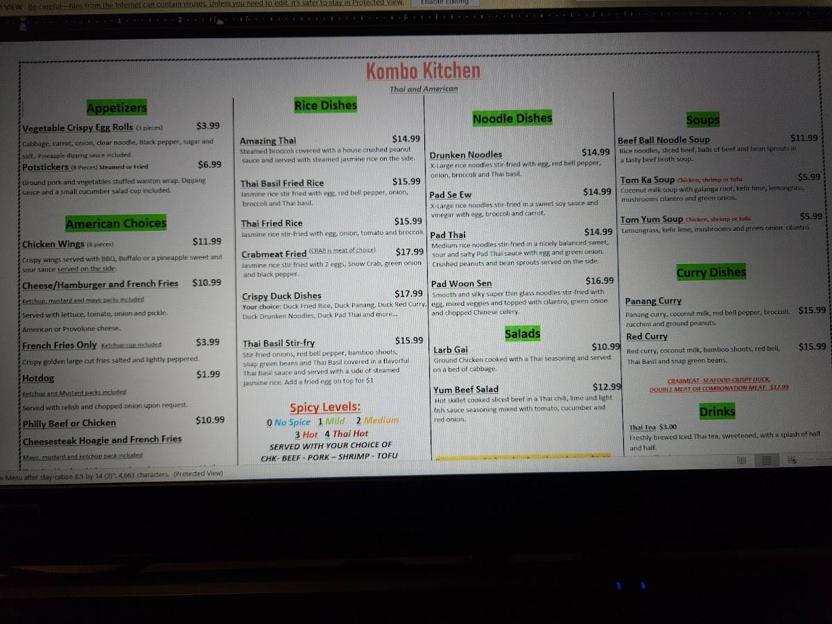 Menu at Kombo Kitchen Thai and American Chiefland FL fast food