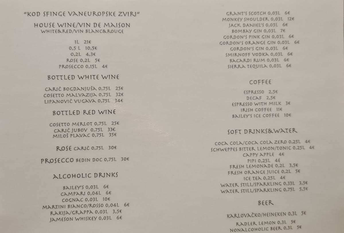 Menu di Konoba "Kod sfinge vaneuropske zviri" 