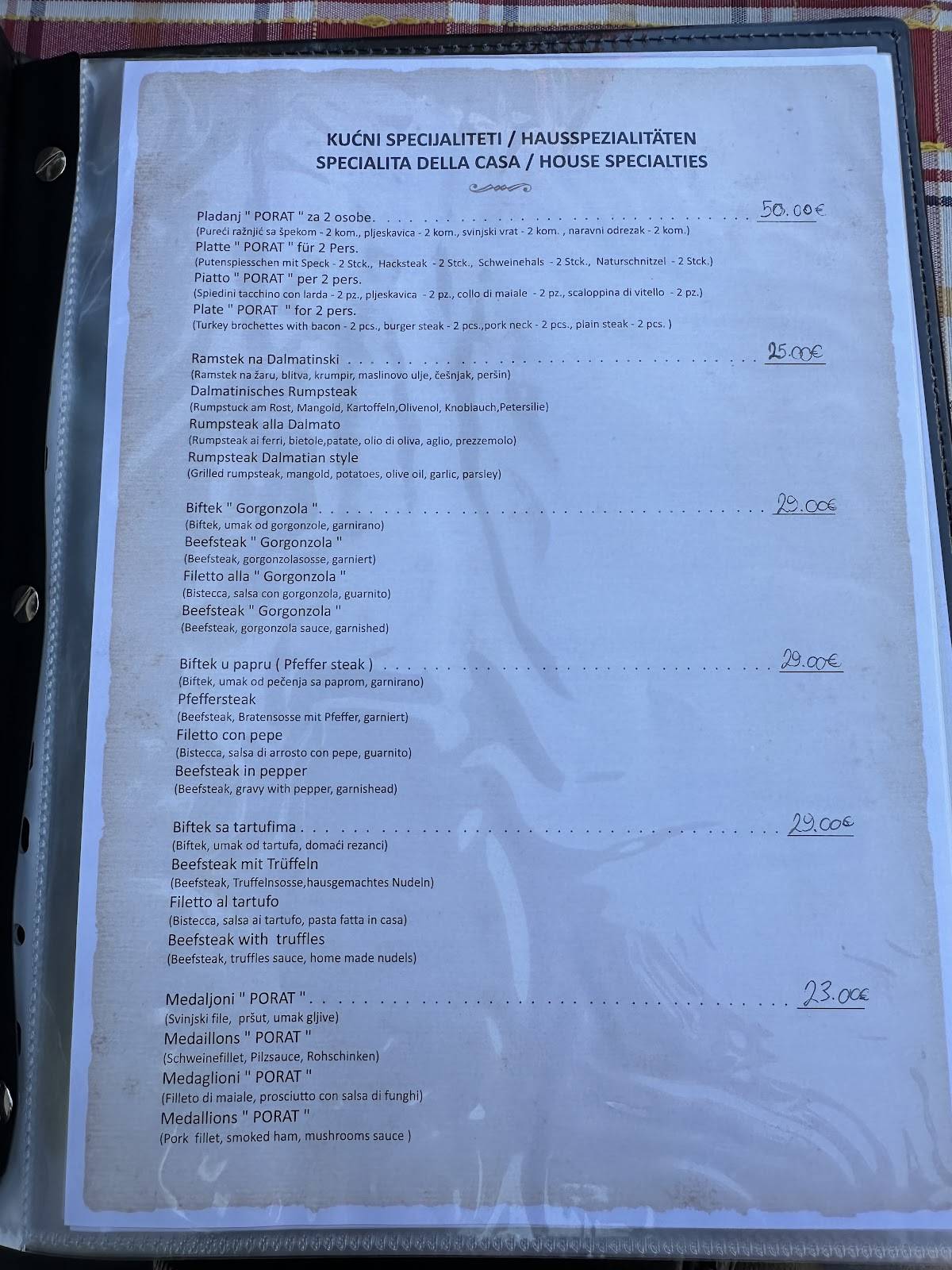Menu di Konoba Porat 