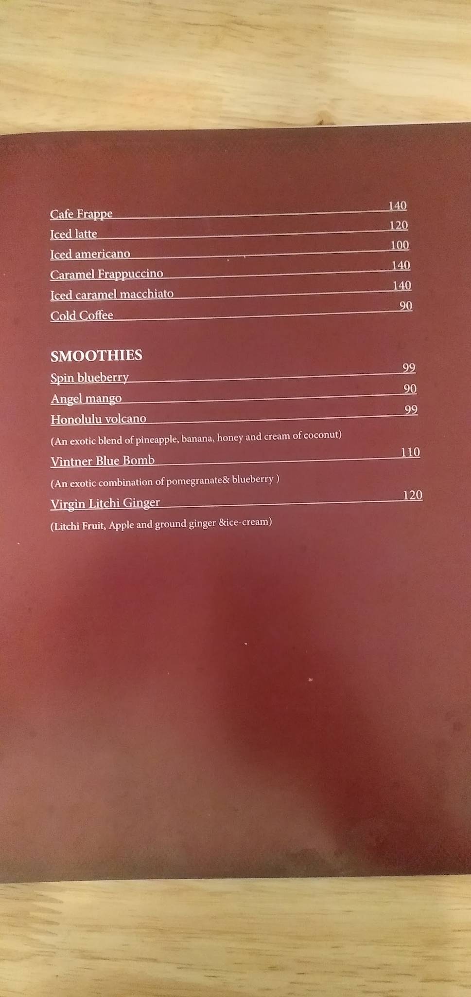 Cafe Al Bacio menu