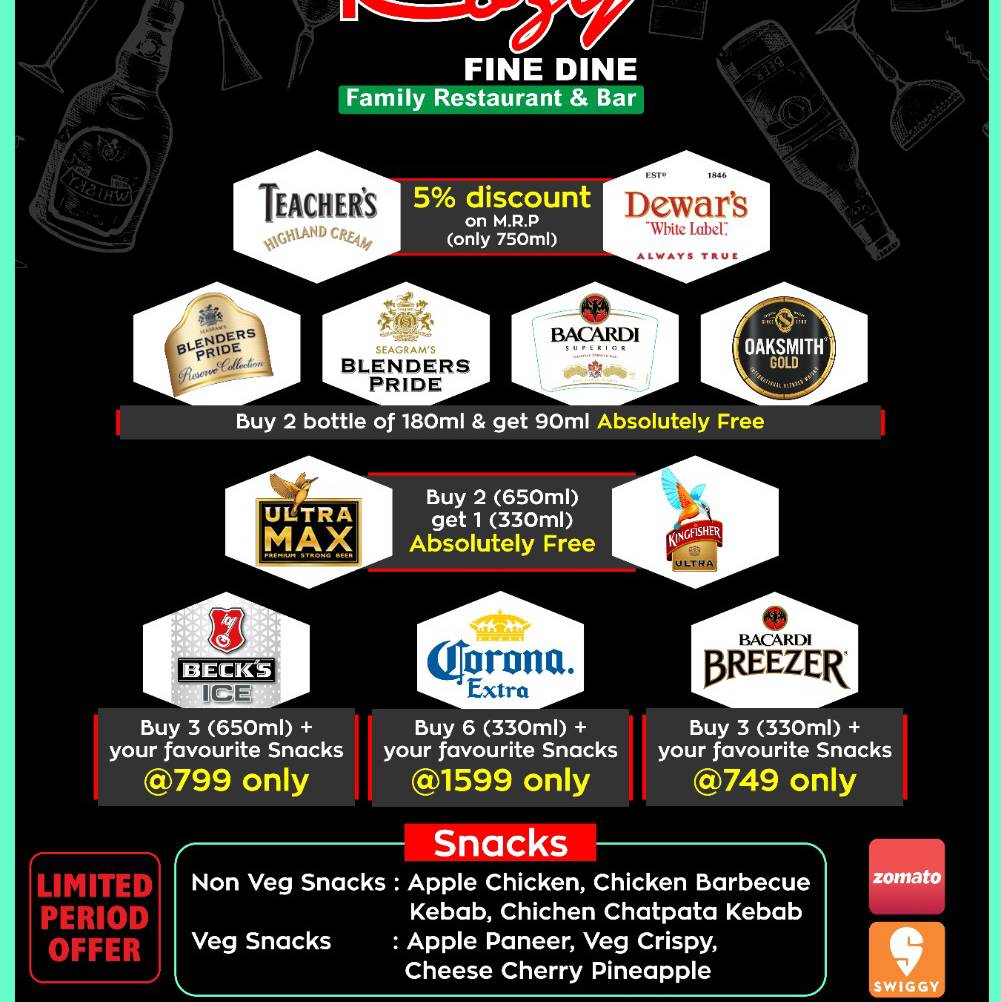 Kozy Fine Dine Restaurant & Bar menu