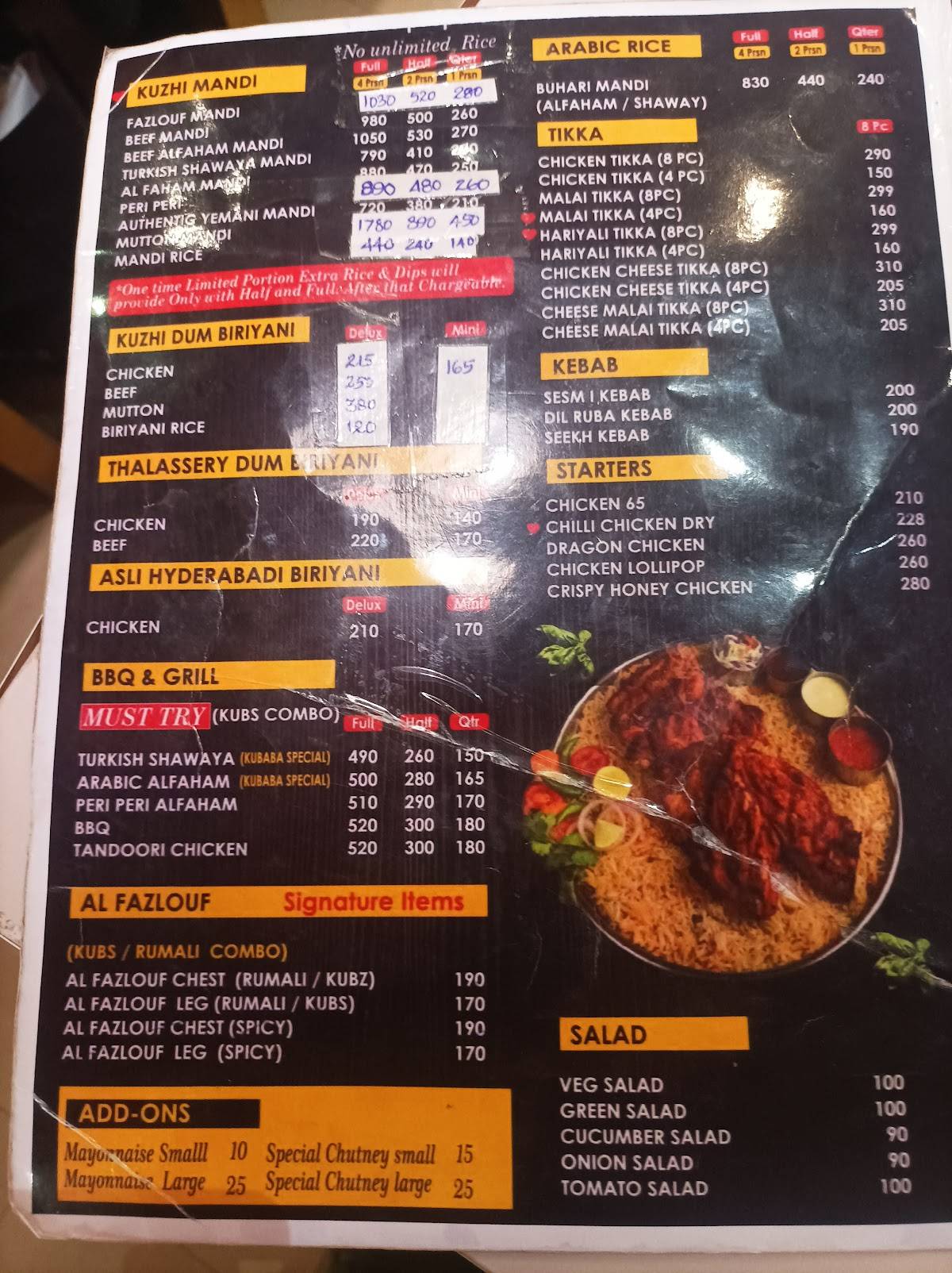 Kubaba Food Park menu