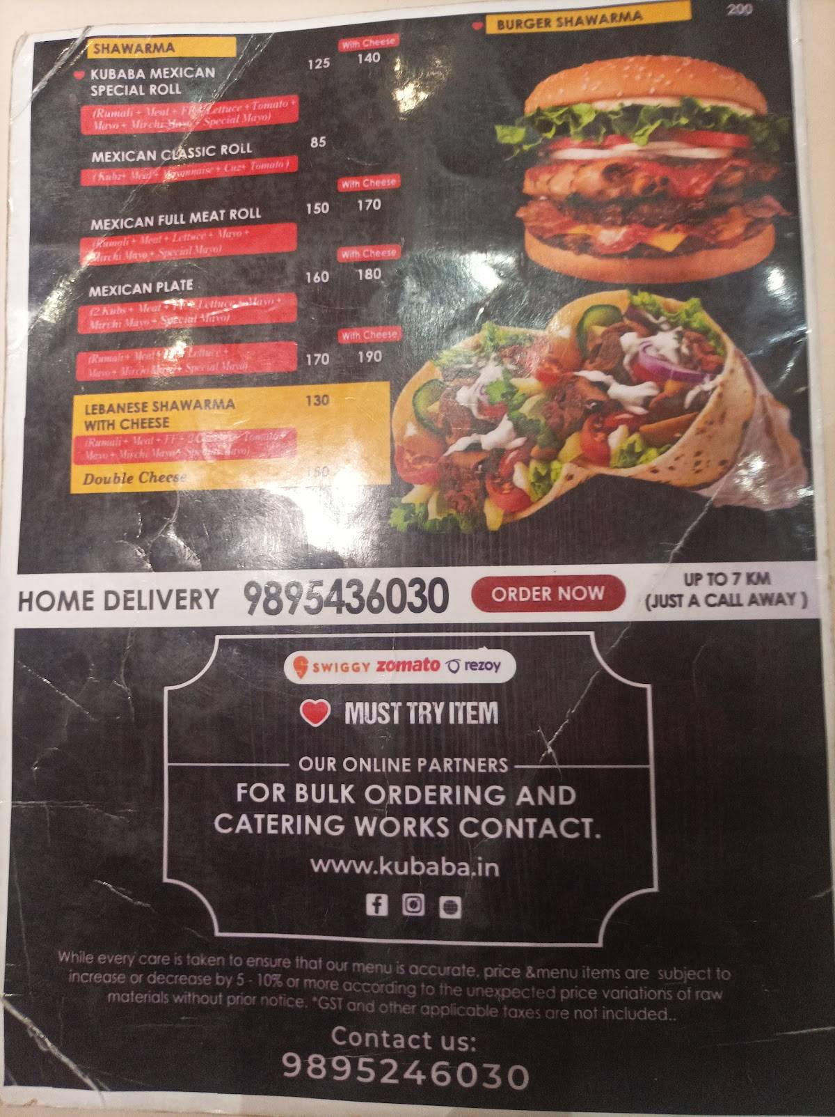 Kubaba Food Park menu