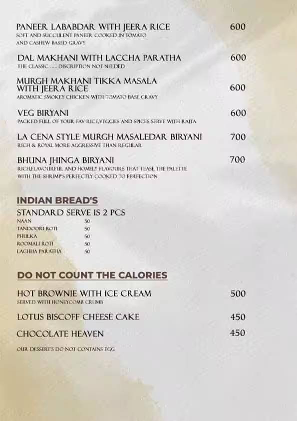 La Cena Night club in thane menu