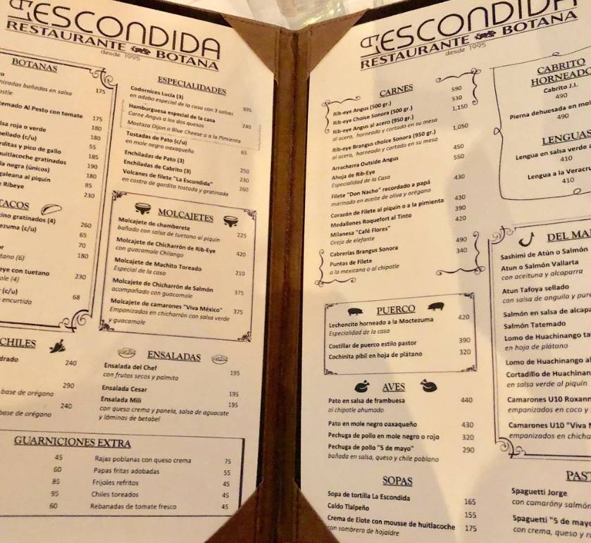 Carta del restaurante La Escondida, Monterrey, Río Verde 147