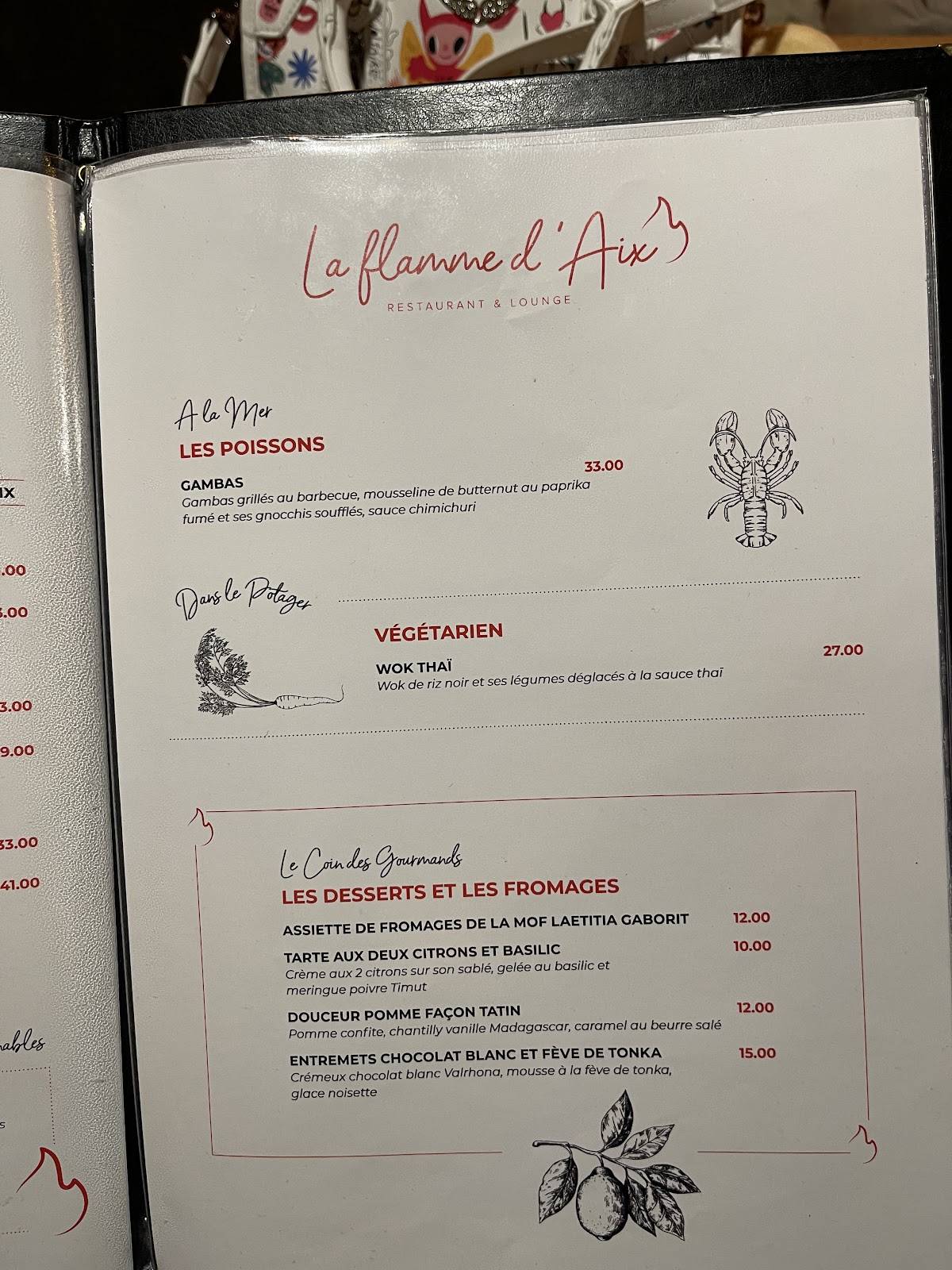 Menu de La Flamme d’Aix