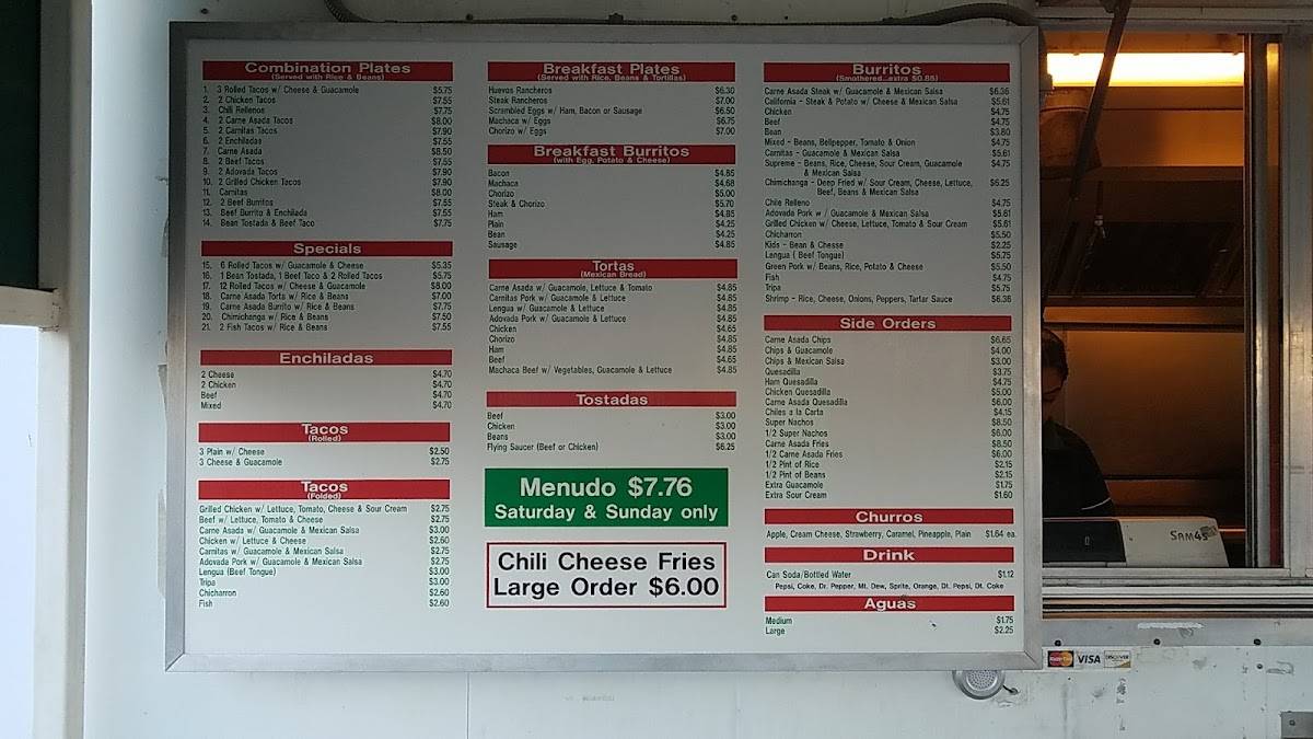 Menu at Lucy's Tacos restaurant, La Junta