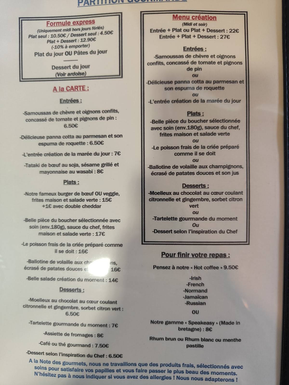 Menu de La Note des gourmets