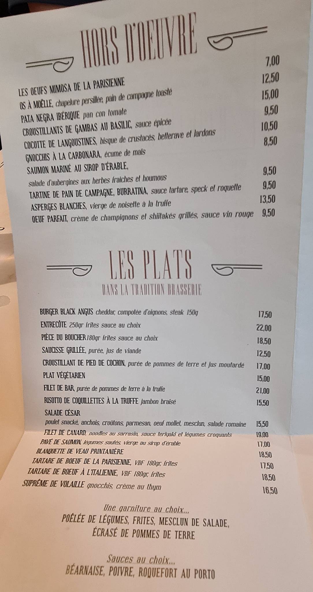 Menu de La Parisienne