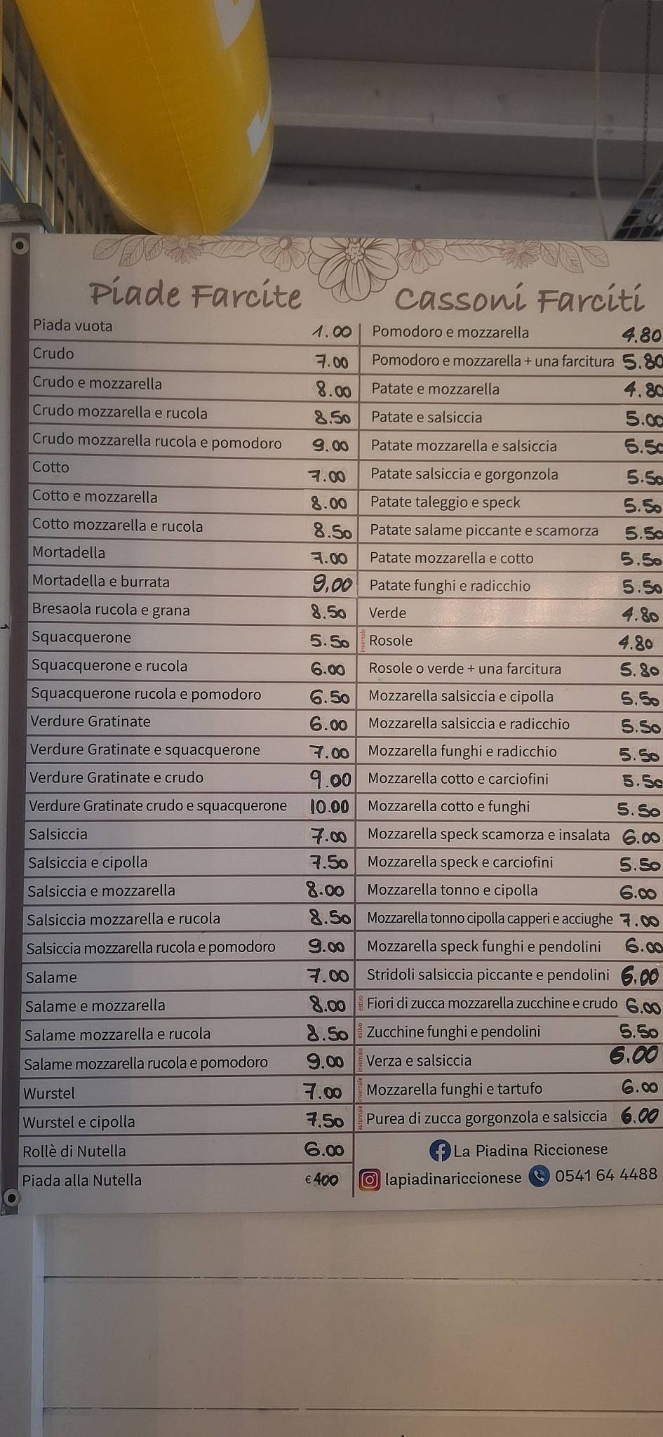 Menu di La Piadina Riccionese da Alex 