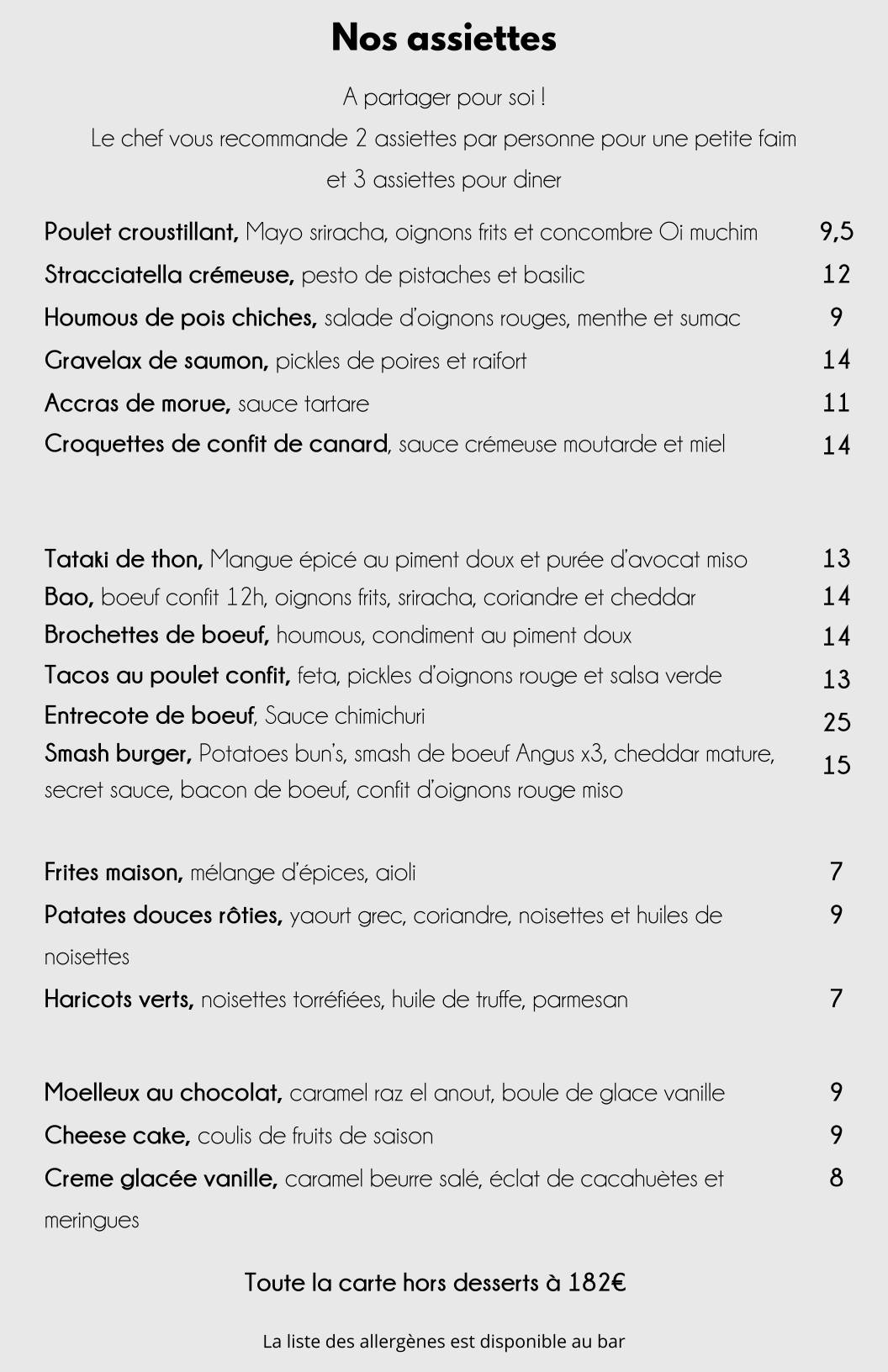 Menu de La Rêverie Bastille