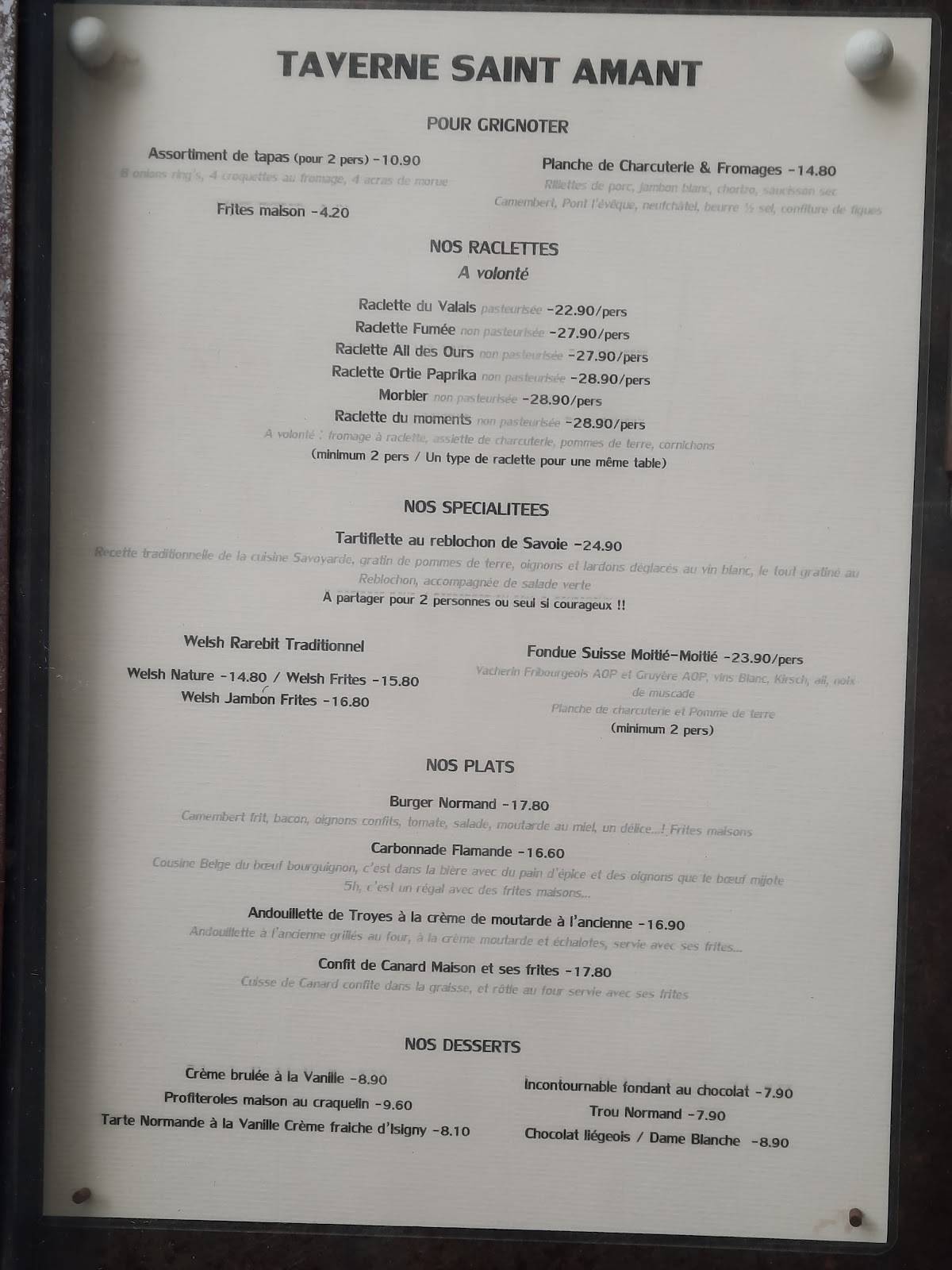 Menu de TAVERNE SAINT AMANT