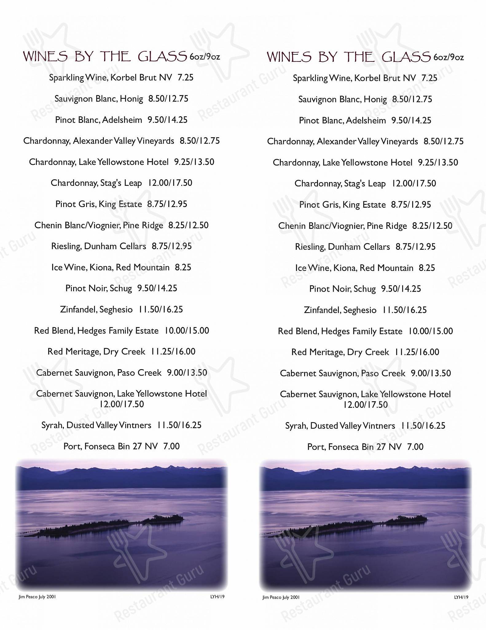 Menu at Lake Yellowstone Hotel Dining Room restaurant, USA, 236