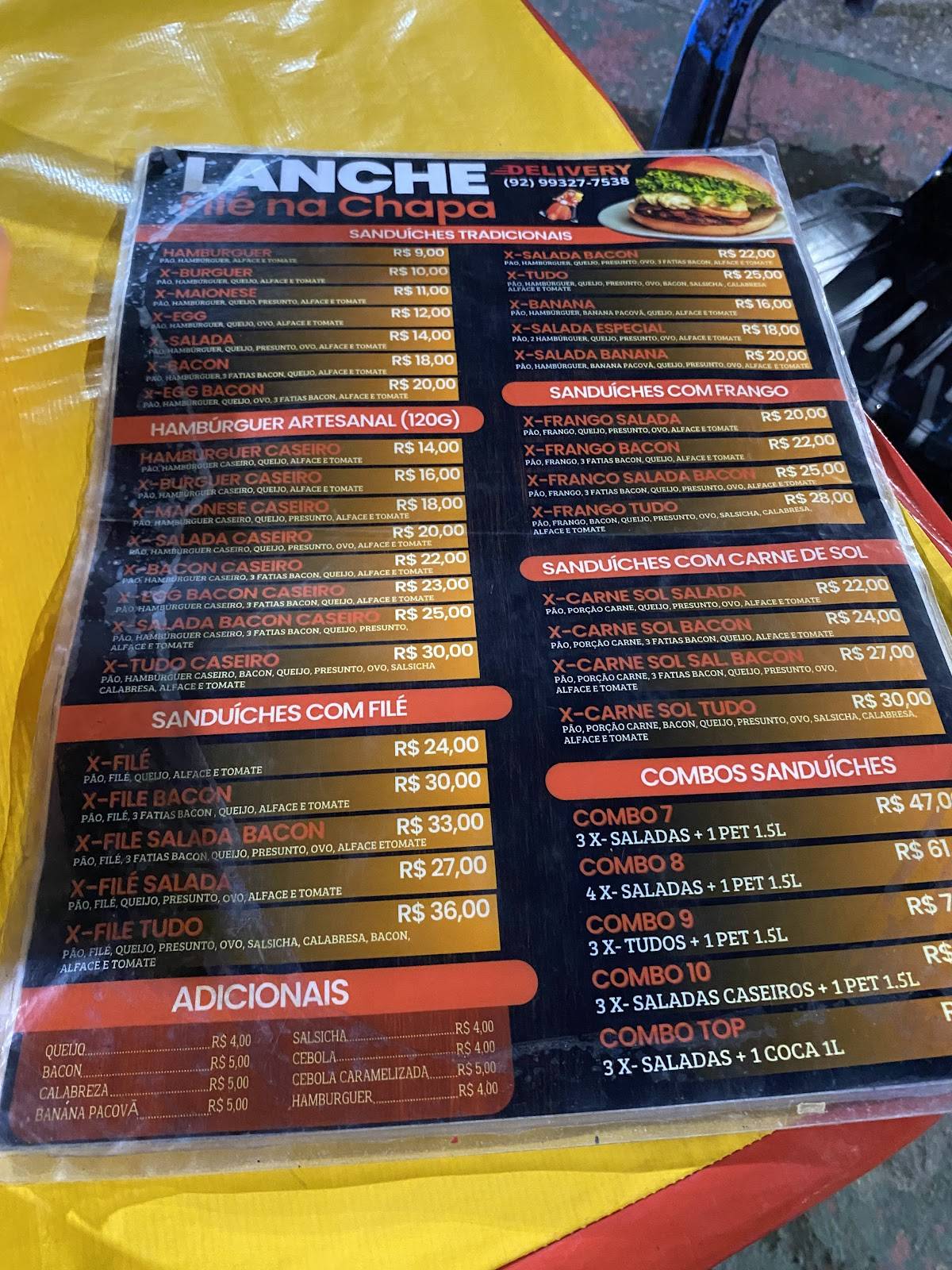 Lanche Filé na Chapa cardápio