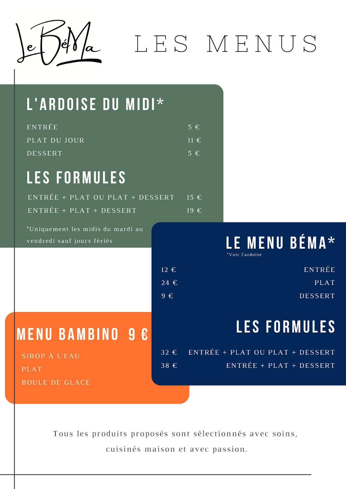 Menu au Le Béma restaurant, Warluis
