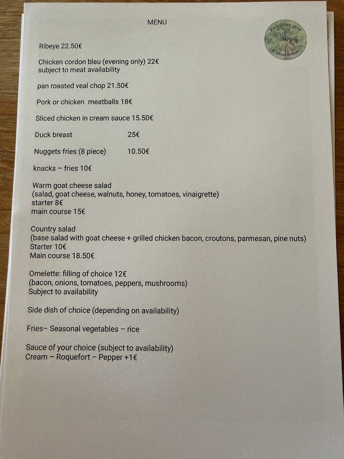 Menu de Bar Restaurant Le Chêne Vert