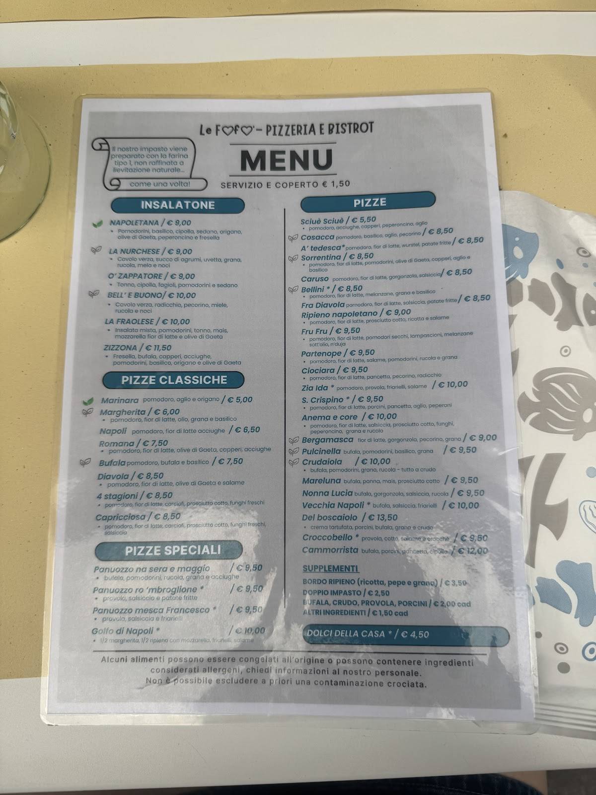 Menu di Le Fofò pizzeria bistrot 
