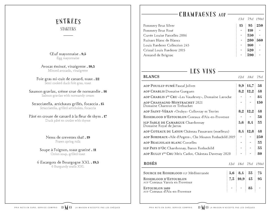 Menu de Le Mabillon - Paris