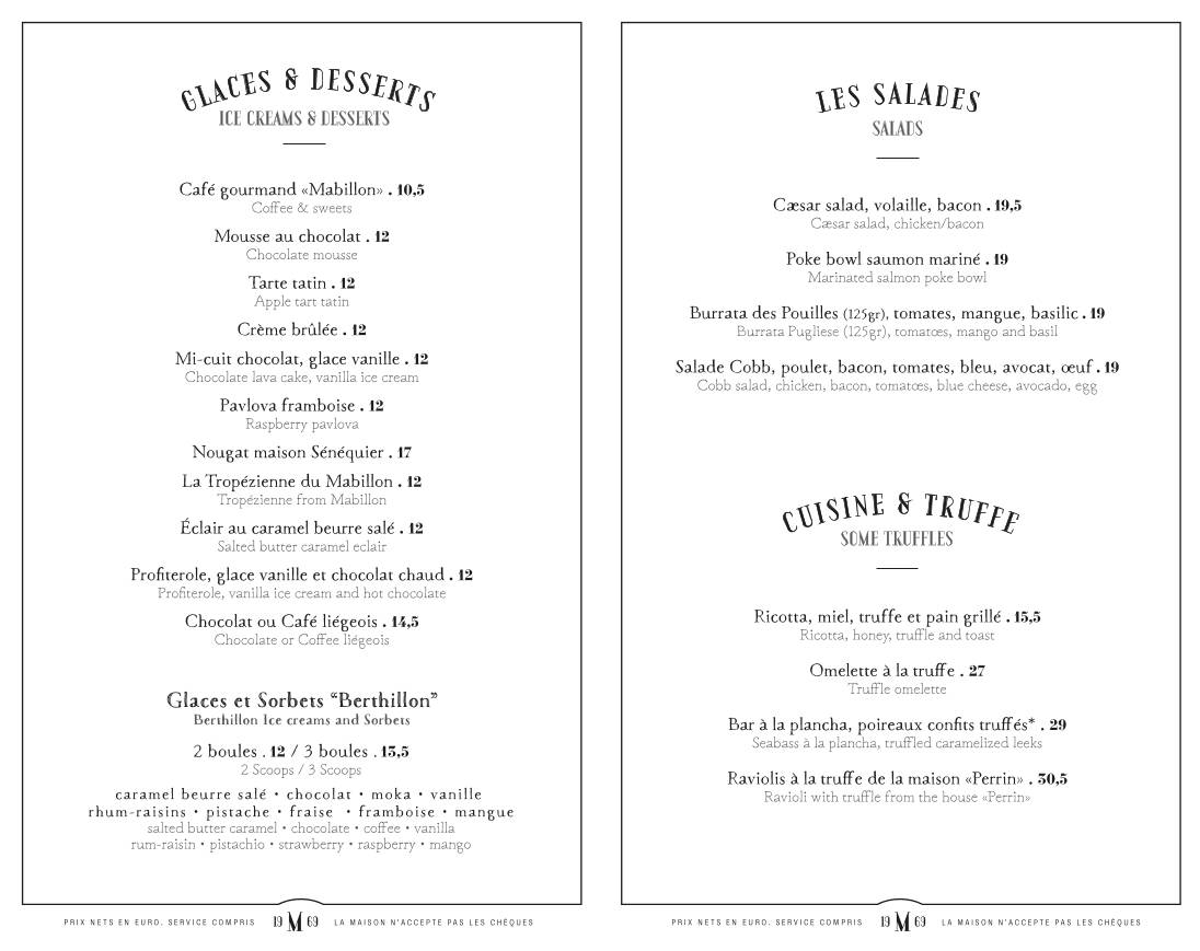 Menu de Le Mabillon - Paris