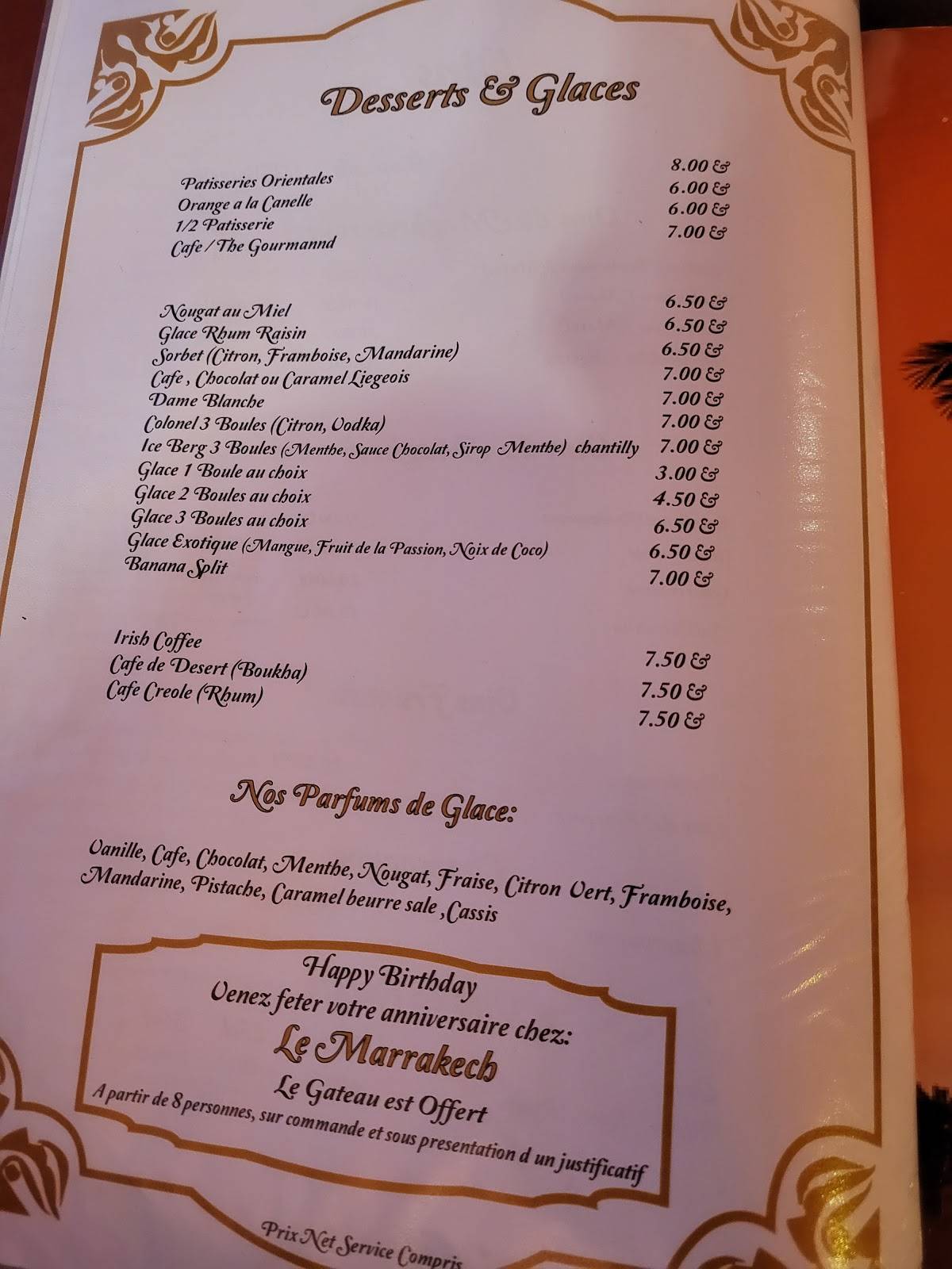 Menu de Le Marrakech