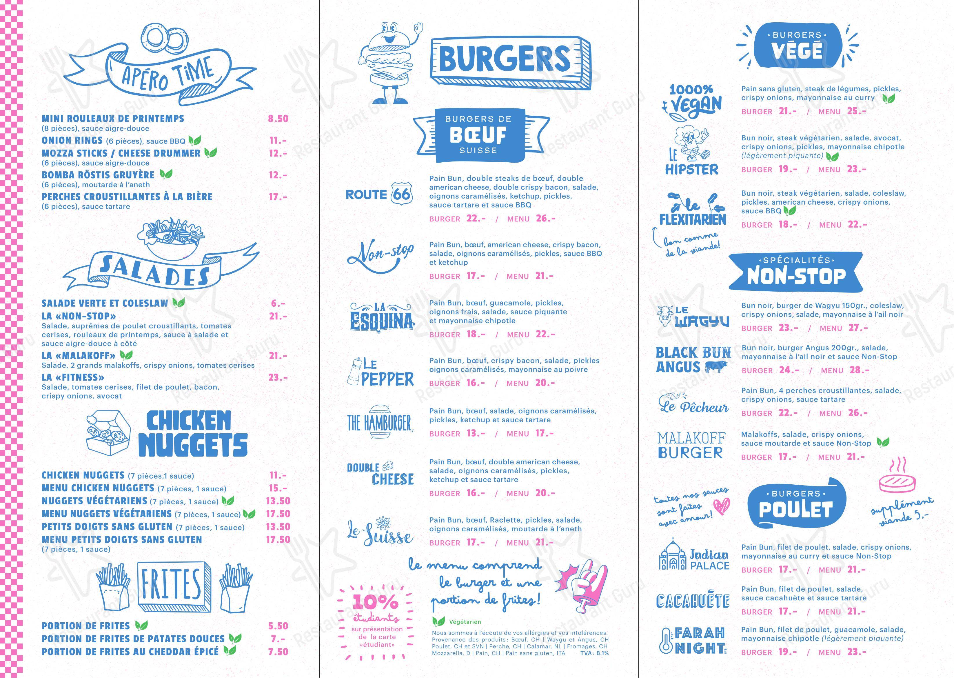 Menu pour Le Non-Stop burger Lutry restaurant