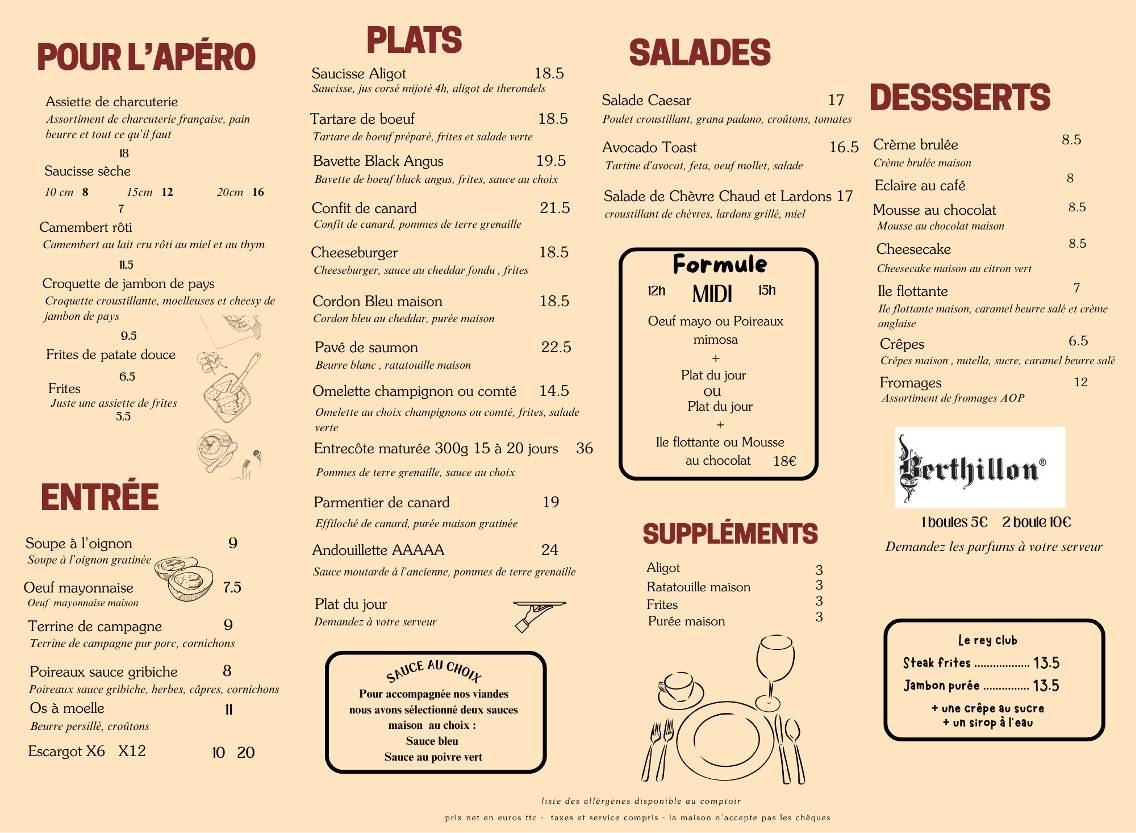 Menu de Le Rey - Restaurant Paris 11