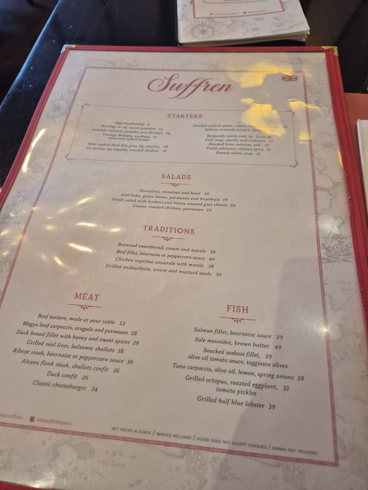 Menu de Le Suffren - Paris