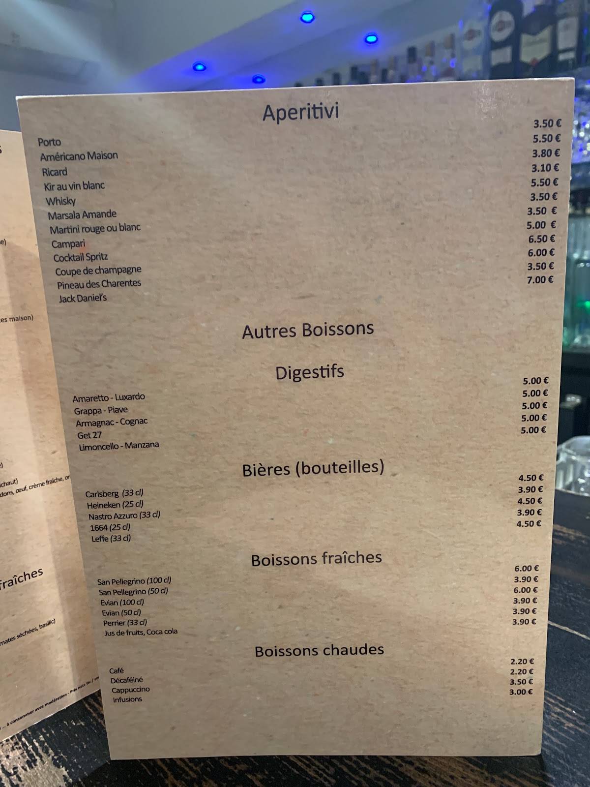 Menu de Le Vivaldi