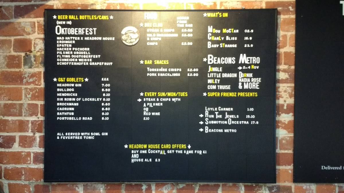 Menu at Headrow House pub & bar, Leeds