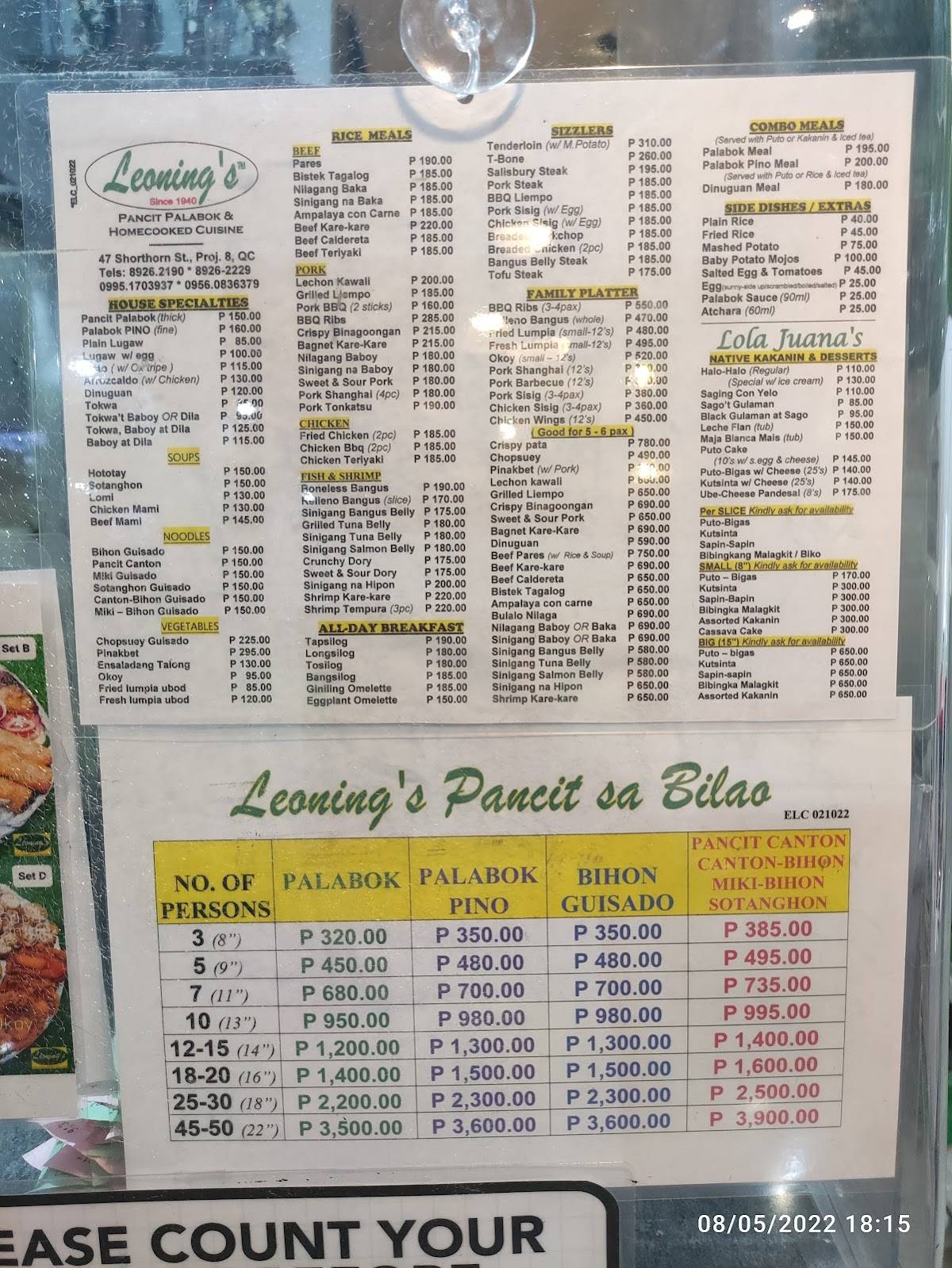 Menu at Leoning's Pancit Palabok restaurant, Quezon City, 1106 Shorthorn St