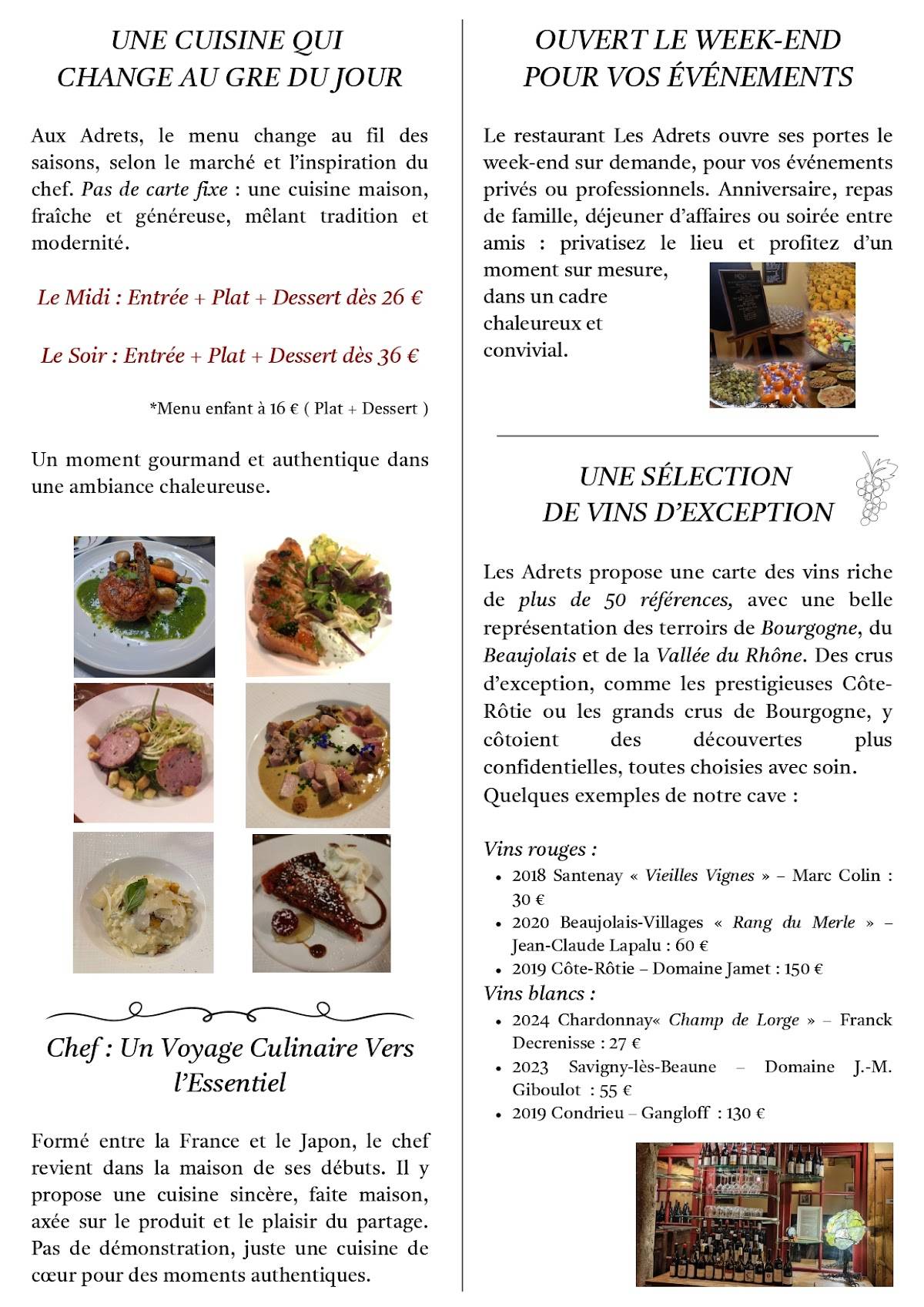 Menu de Les Adrets