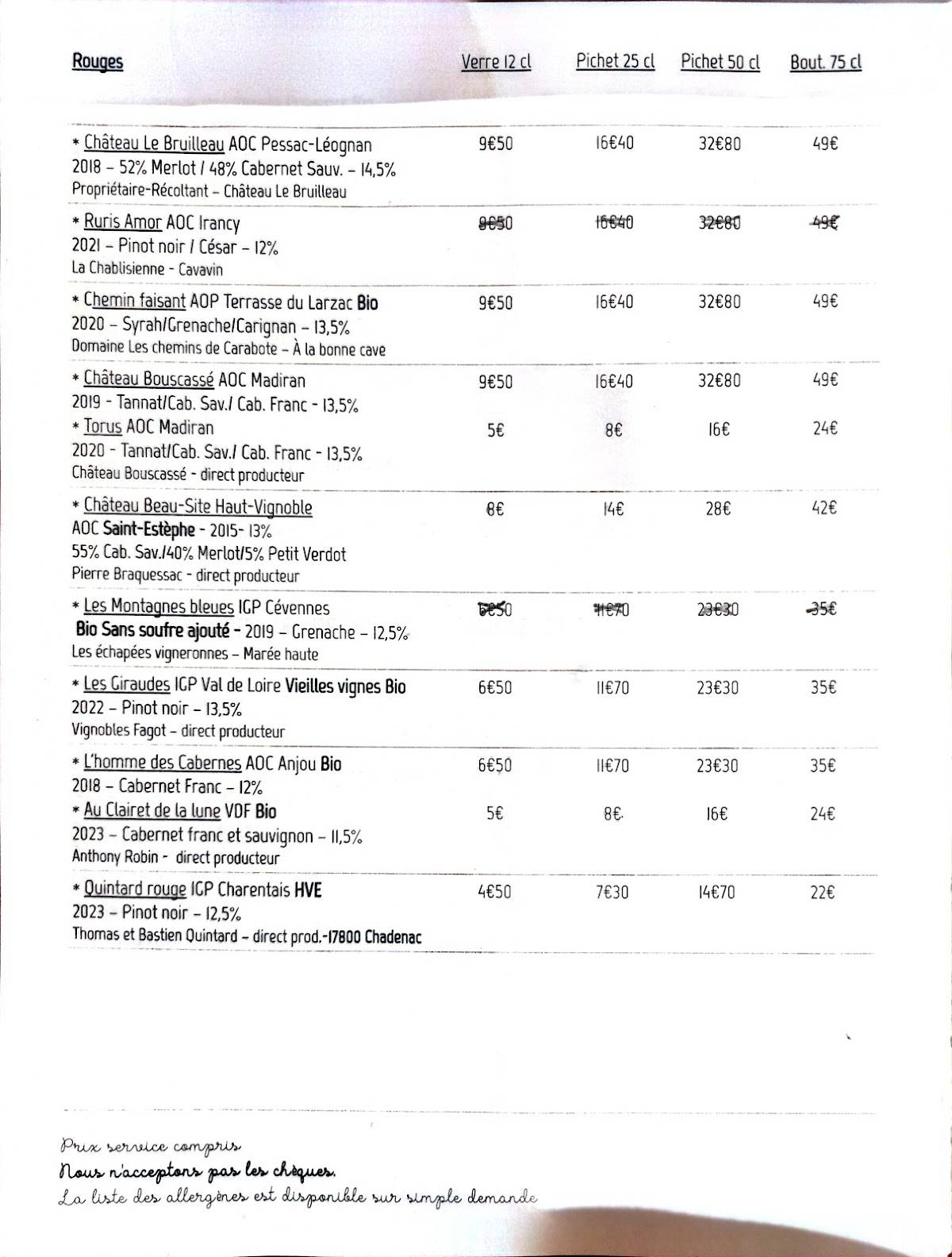 Menu de Les Béatilles