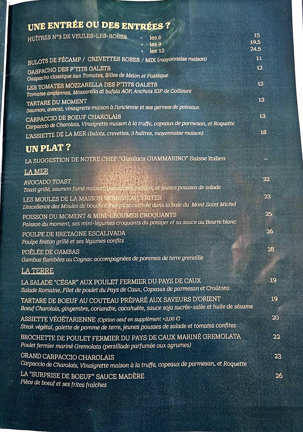 Menu de Les P'tits Galets