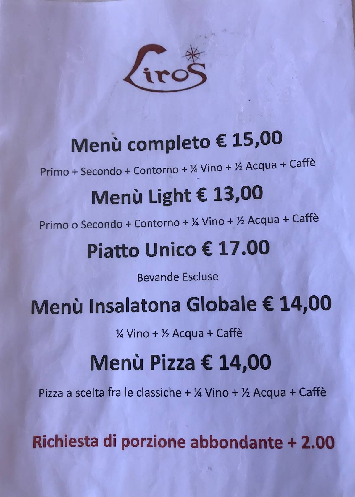 Menu di Liros Ristorante - Specialità Di Carne E Pesce Pizzeria Eventi E Cerimonie 