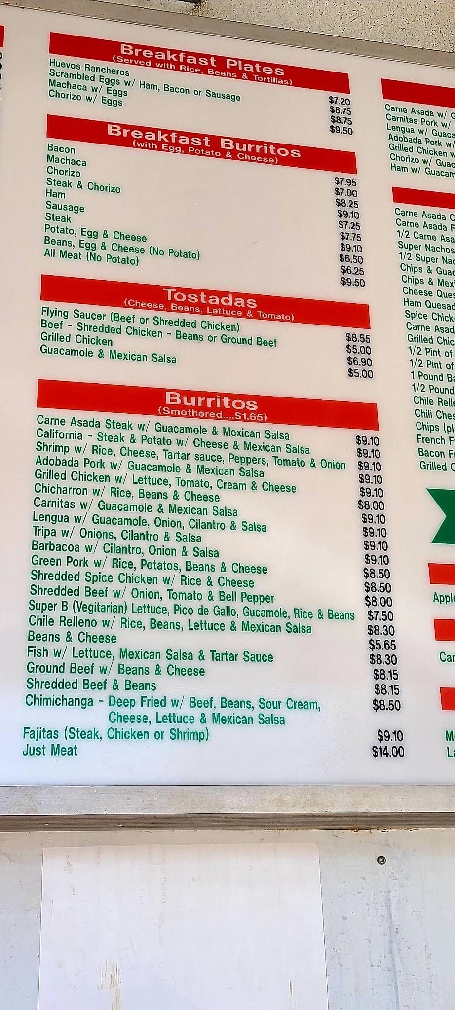 Menu at Lucy's Tacos restaurant, La Junta