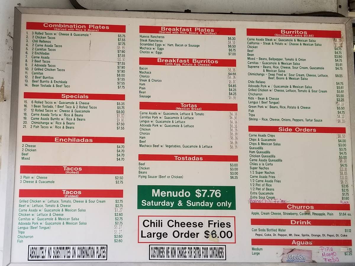 Menu at Lucy's Tacos restaurant, La Junta