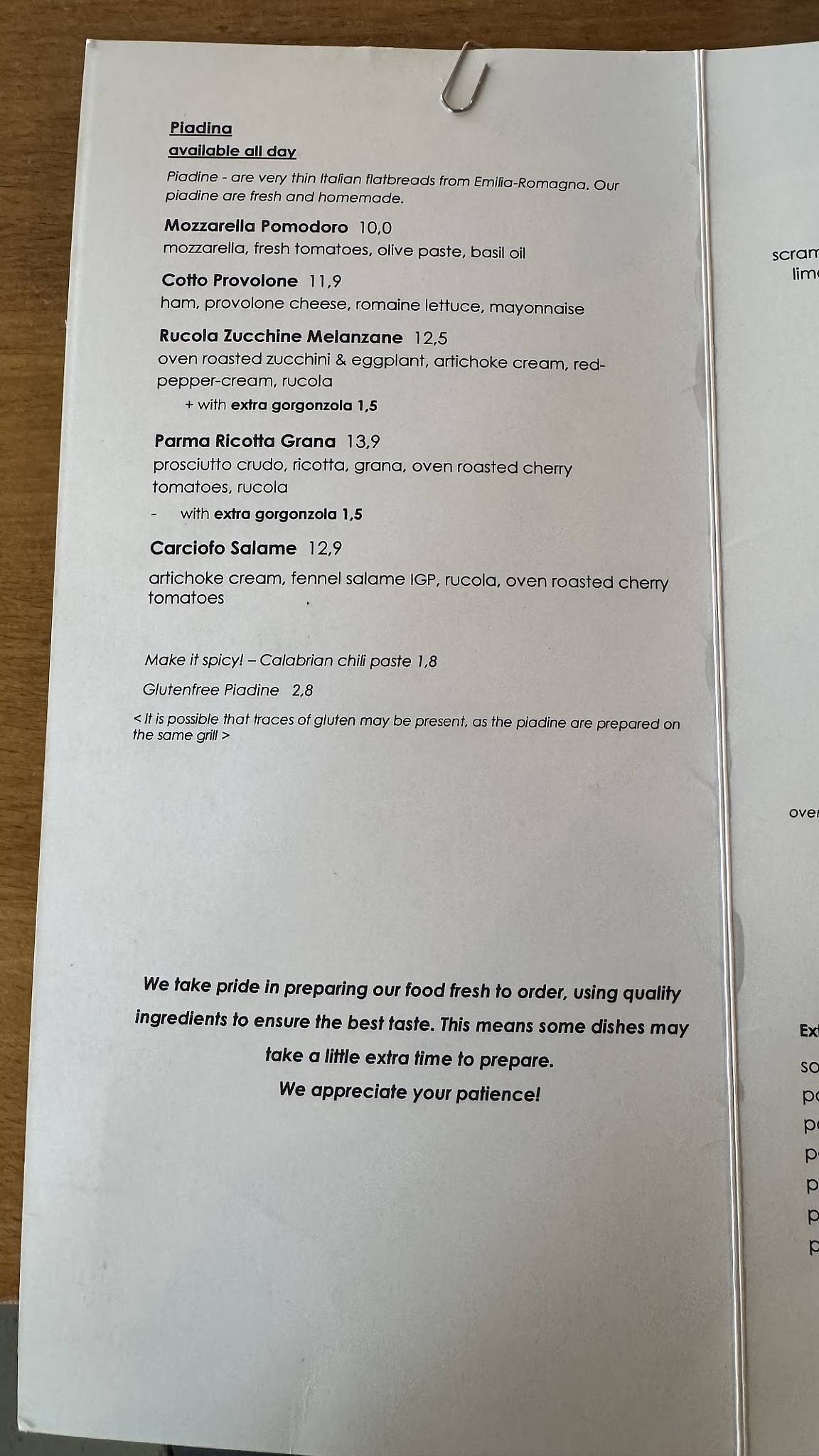 Menu de Lupo - Piadina Bar & Cafe