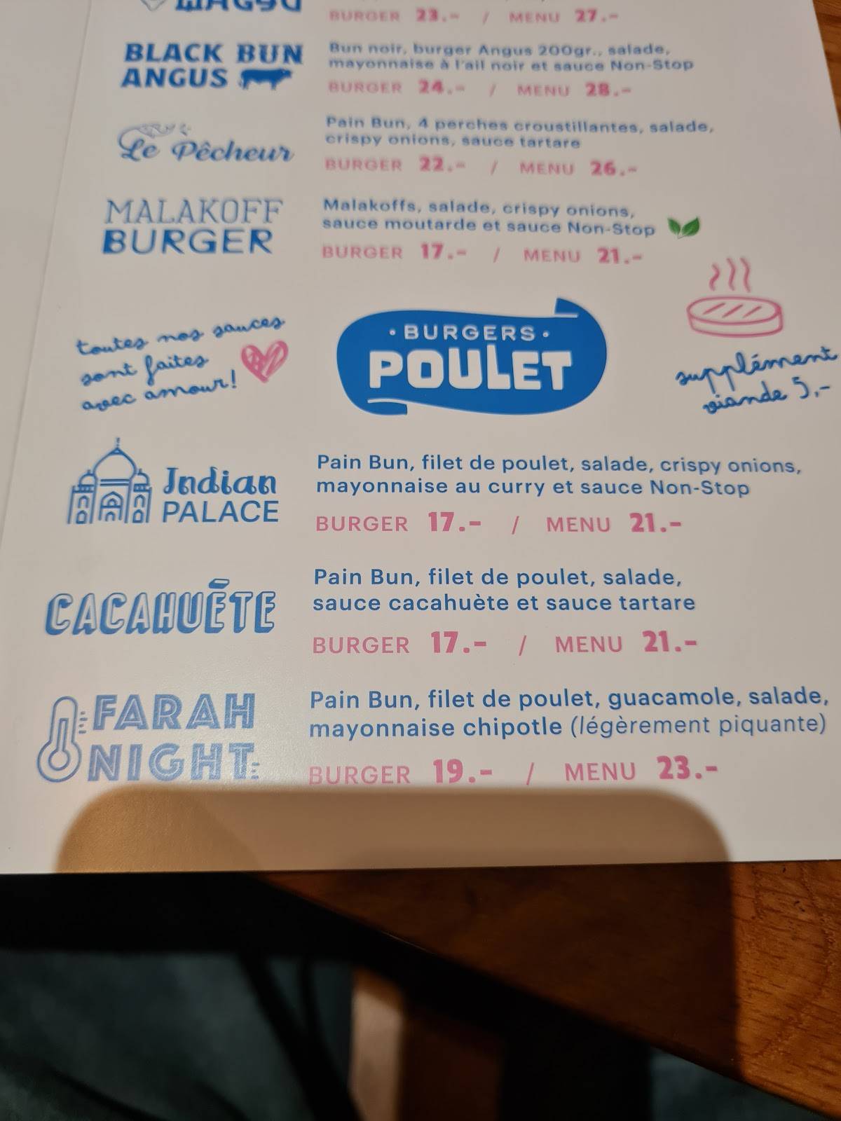 Menu de Le Non-Stop burger Lutry